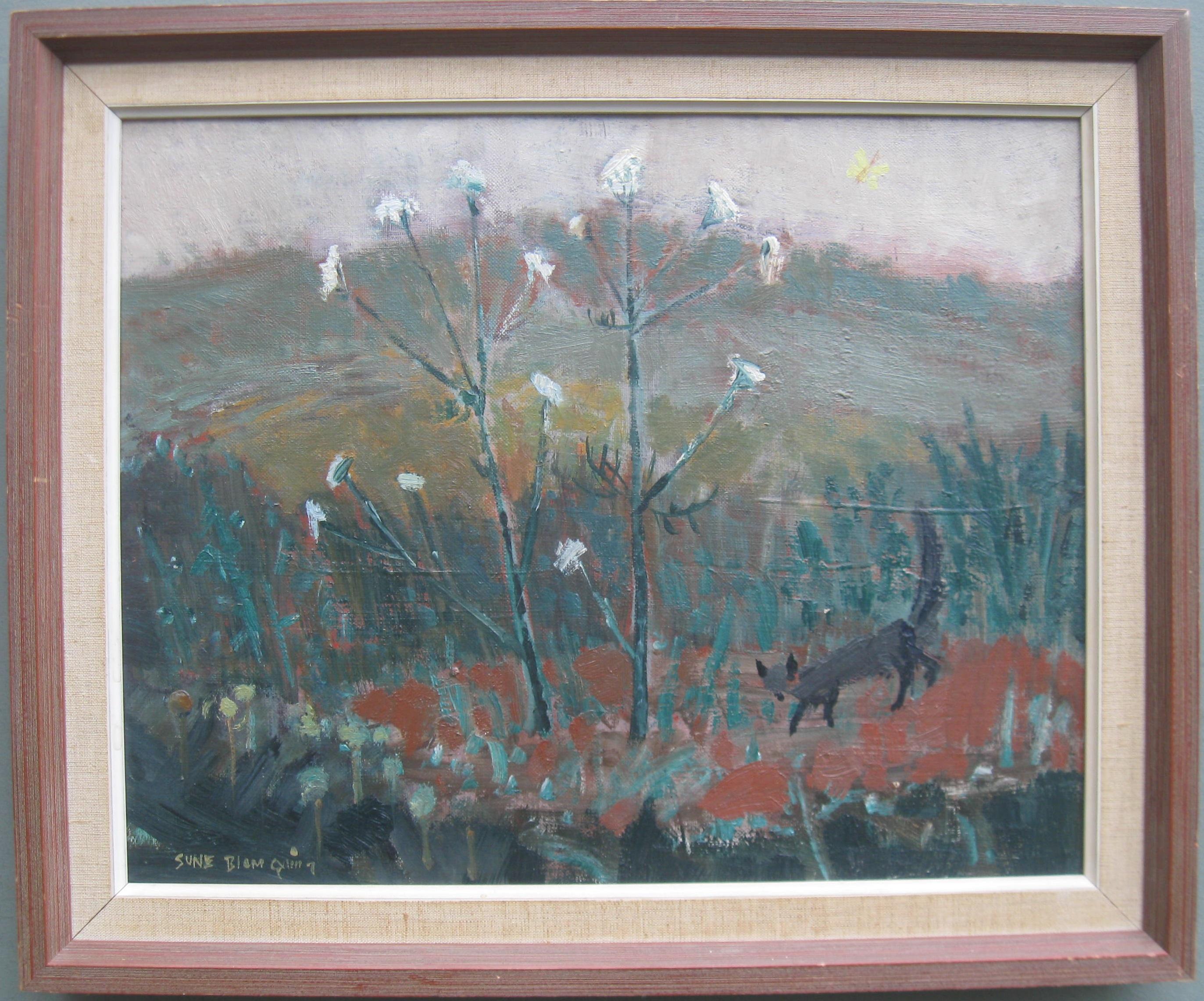 Mid 20th Century Modernist; 'Meadow Landscape with Wildlife' Expressionist oil 