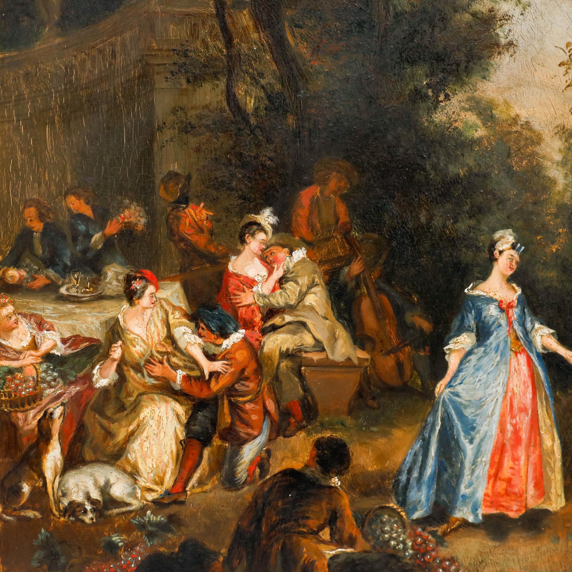 This pastoral scene depicts an outdoor French garden party set within a lush wooded landscape, featuring figures in 18th-century dress engaged in bacchanalian social activities.

Unsigned. On panel. 