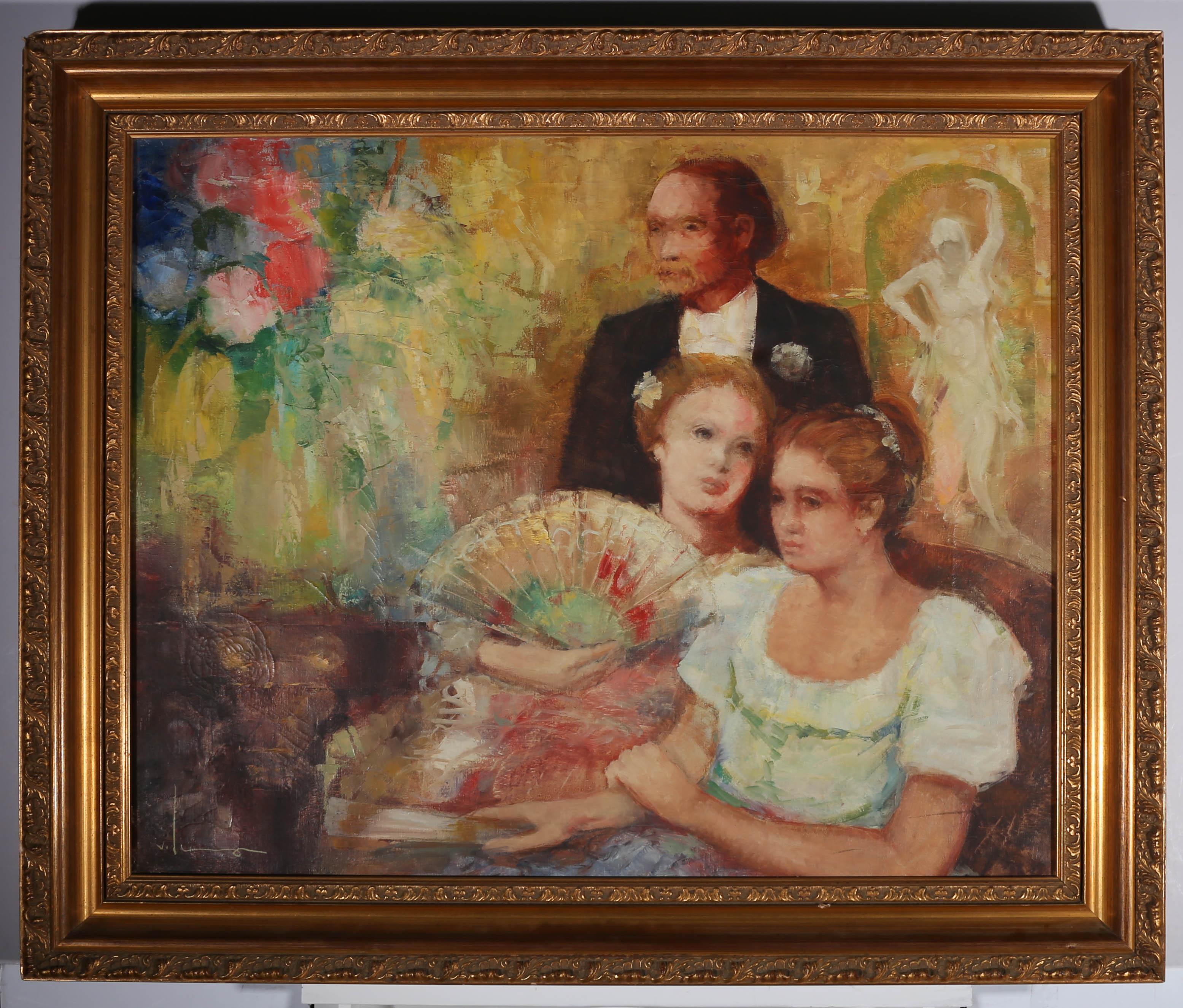 A vibrant and characterful impressionist scene in oil, showing two pretty young girls in party dresses, one holding a fan, whispering to each other as they rest on a couch at a party with a finely dressed man in white tie standing behind them. The