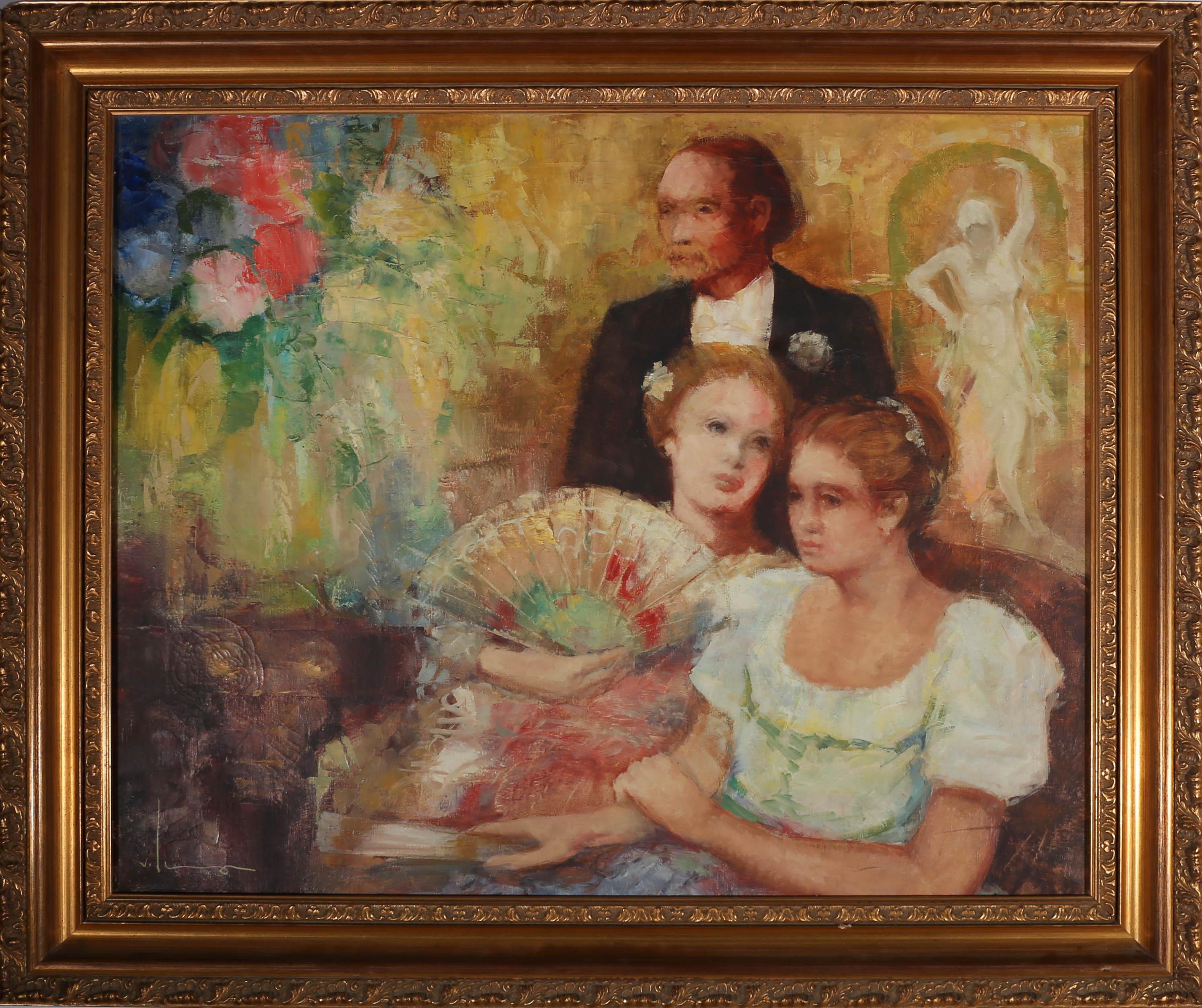 Unknown Portrait Painting - Mid 20th Century Oil - At The Party