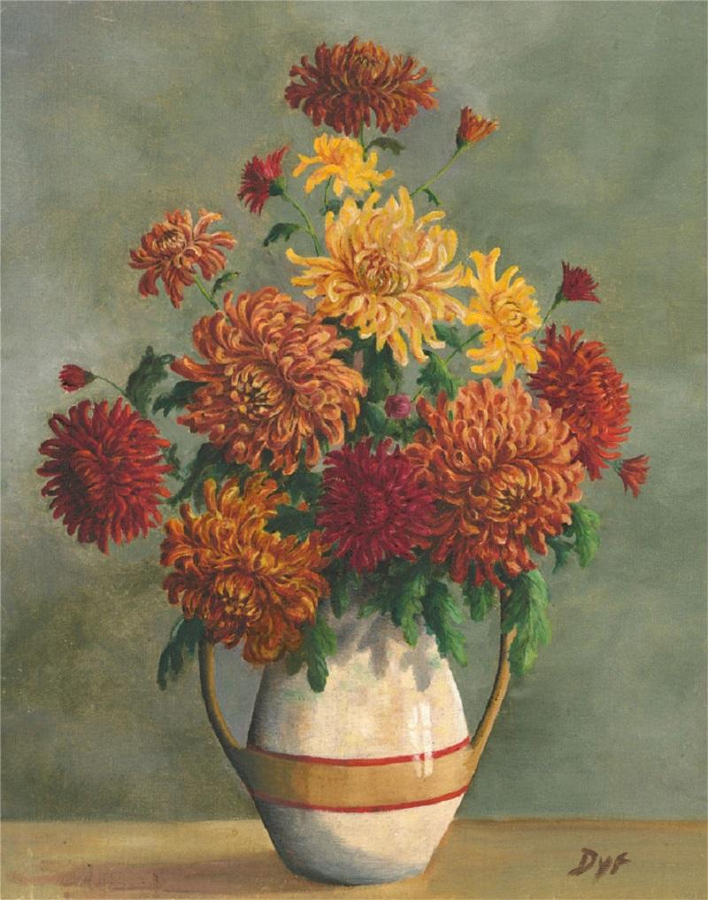 A bright and joyful still life of a rustic handled vase filled with orange, yellow and red chrysanthemums. The artist has signed illegibly in the lower right corner. There is also an over painted signature in the lower left corner. The artist has