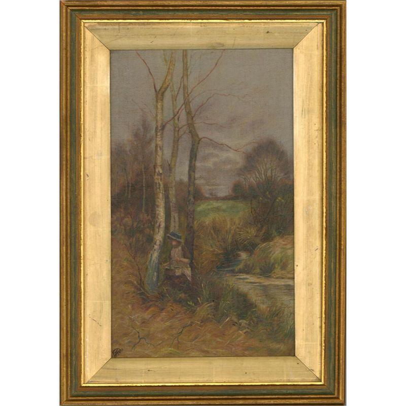 A charming oil scene showing a young girl with a basket, foraging at the banks of a stream. The artist has monogrammed to the lower left and the painting has been presented in a brushed gilt frame with gilt slip. On canvas.
