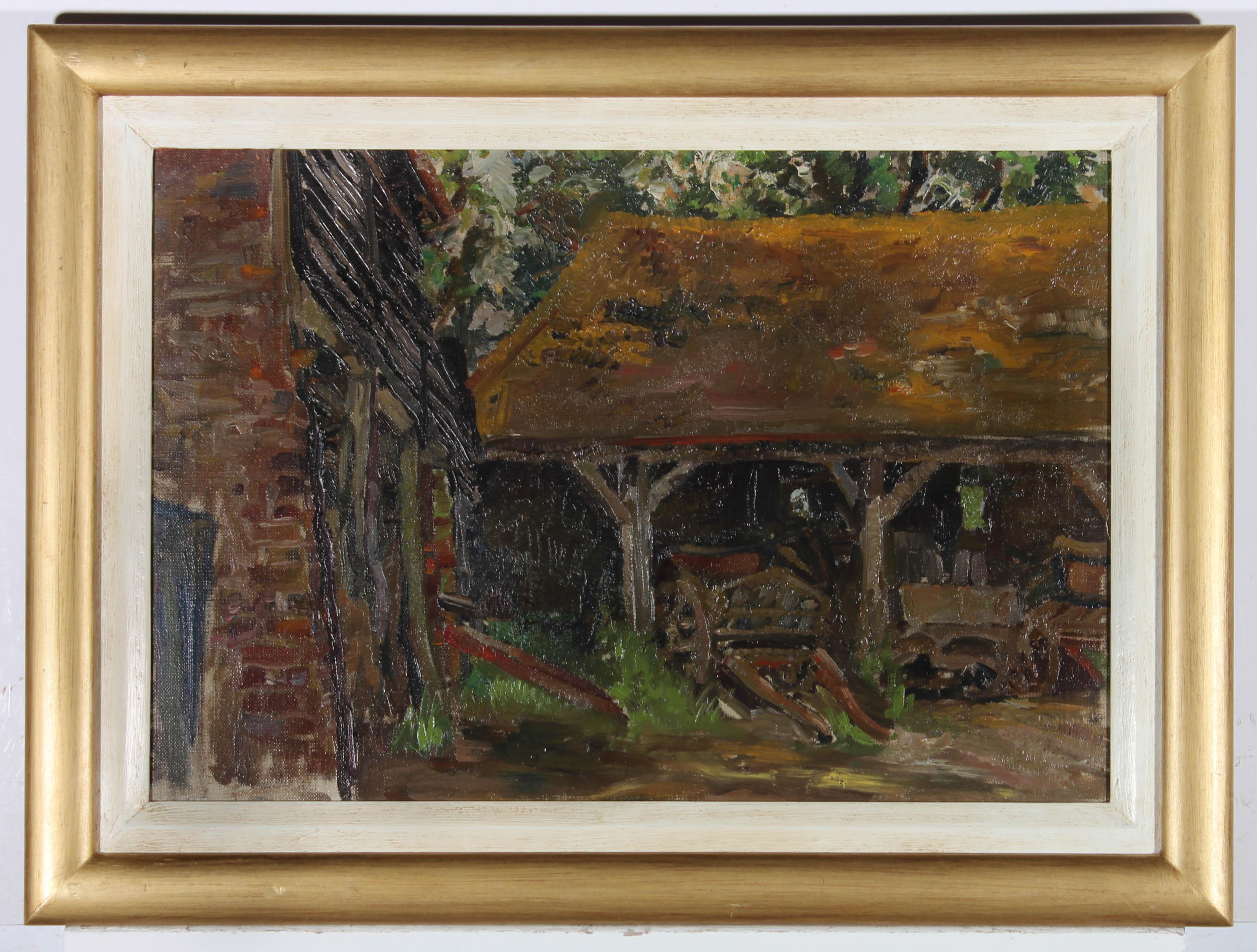 A fine Mid Century scene in textured oil, showing a rustic barn filled with machinery with farm outbuildings on the left. The painting is unsigned and presented in a simple gilt frame with white inner window. On canvas.

