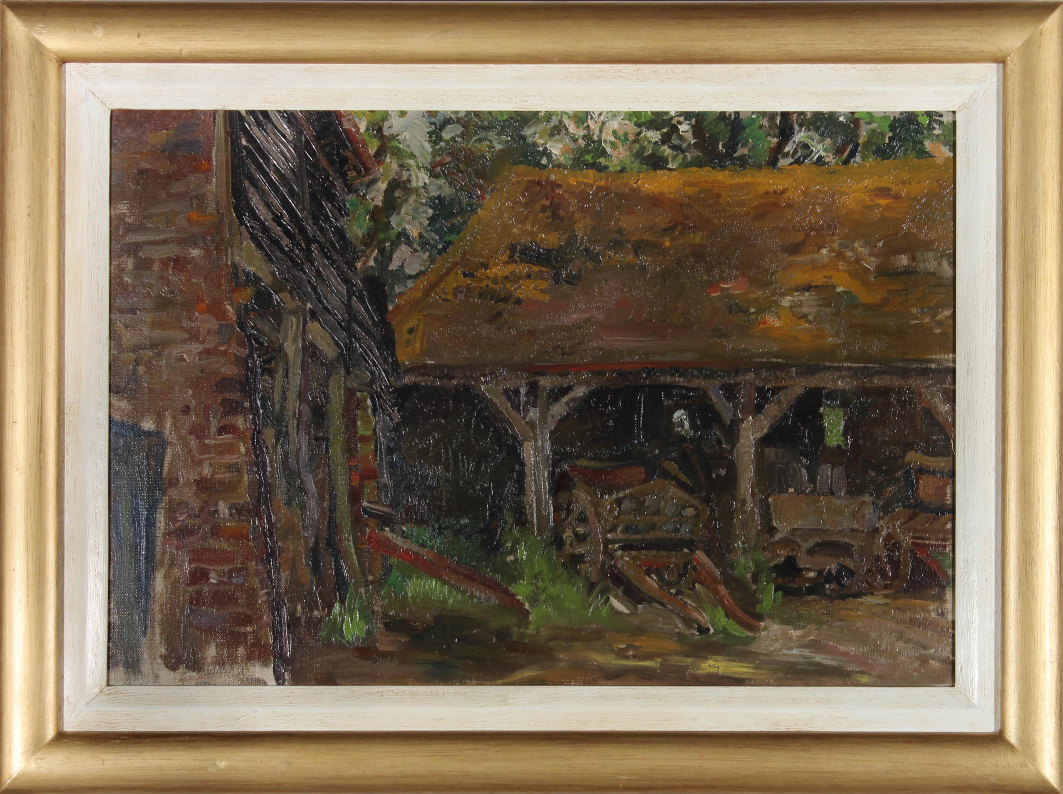 Unknown Landscape Painting - Mid 20th Century Oil - Barn On The Farm