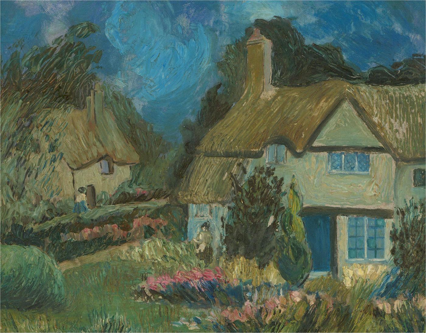 Mid 20th Century Oil - Blue Skies and Thatched Cottages - Painting by Unknown