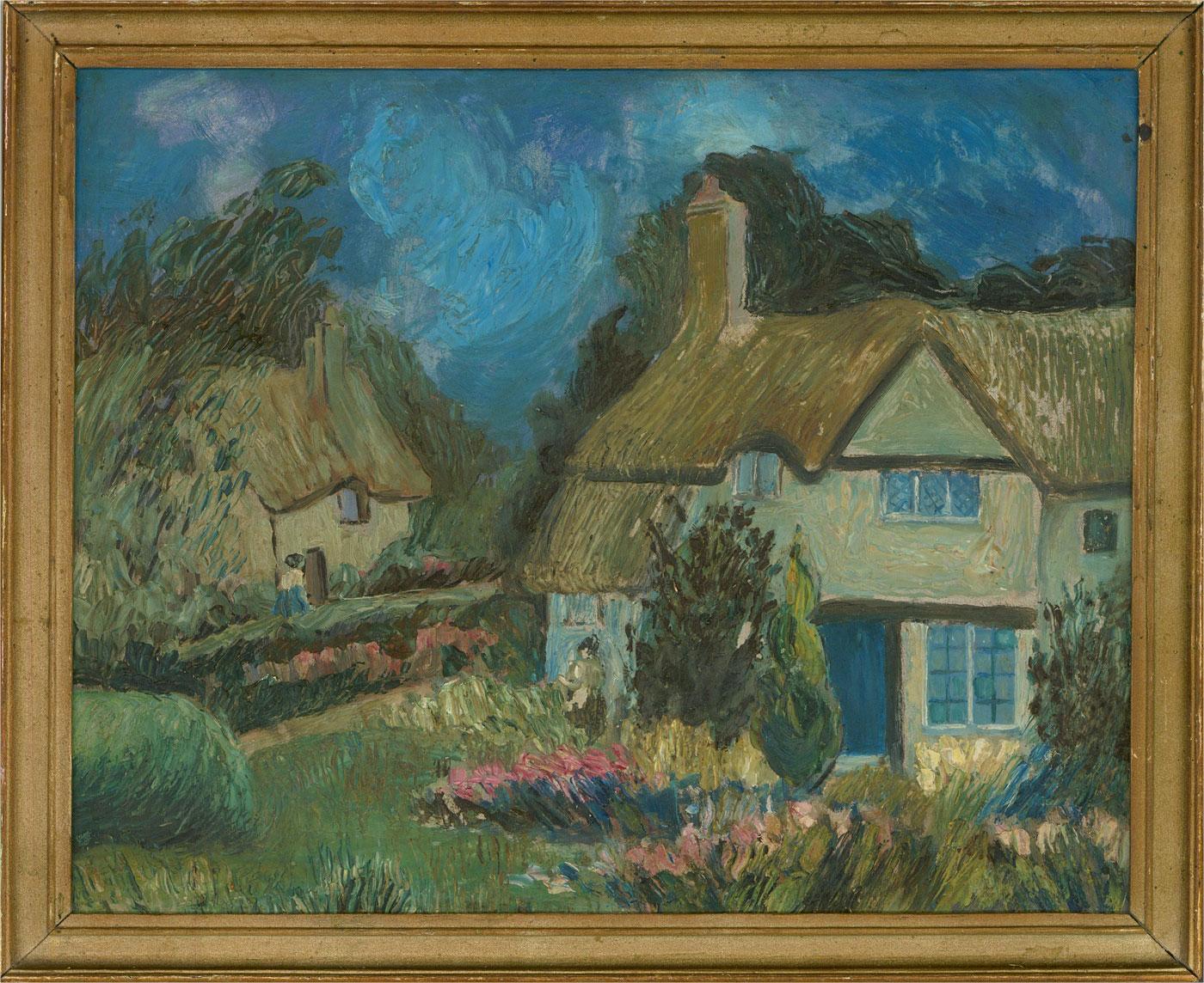 A captivating oil painting, depicting a rural landscape view with thatched cottages. Unsigned. Presented in a gilt-effect frame. On board.

