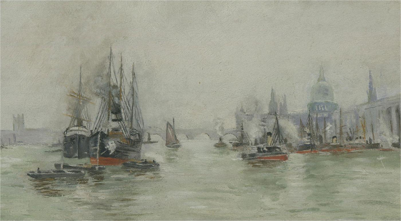 Mid 20th Century Oil - Boats On The Thames - Painting by Unknown