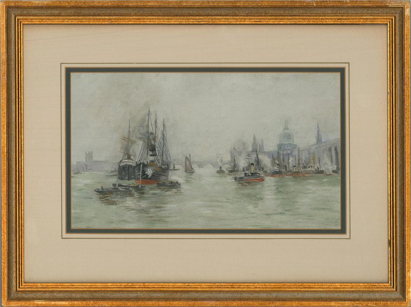 A fine impressionistic river scene showing steam boats chucking out smoke as they make their way down the Thames with St Paul's on the right. The painting has a naturalistic, industrial feel, similar to Lowry. The painting is unsigned and presented