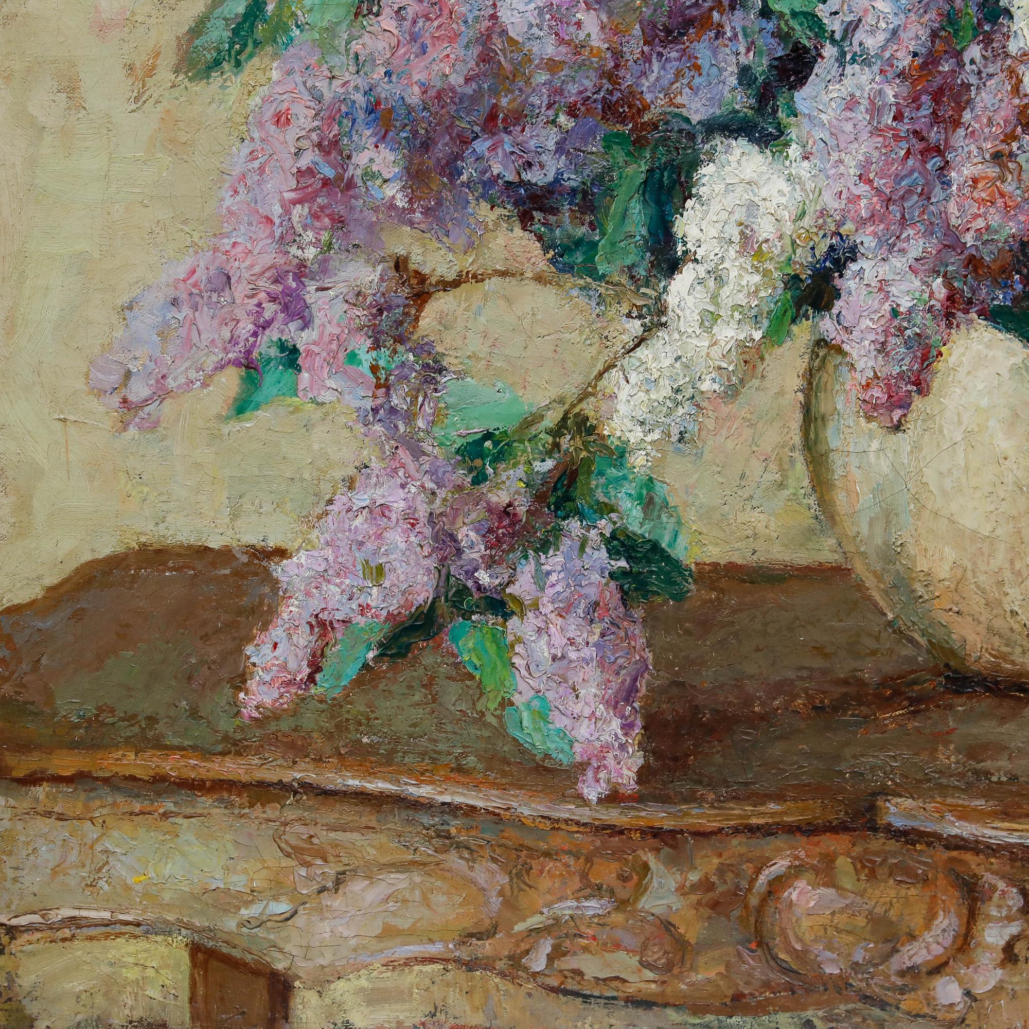 A bold impressionist painting depicting an abundant arrangement of purple and white lilacs, cascading from a simple ceramic vase. Rapid impasto brush marks beautifully capture the fluffy texture and elegant forms of the flowering branches. Signed