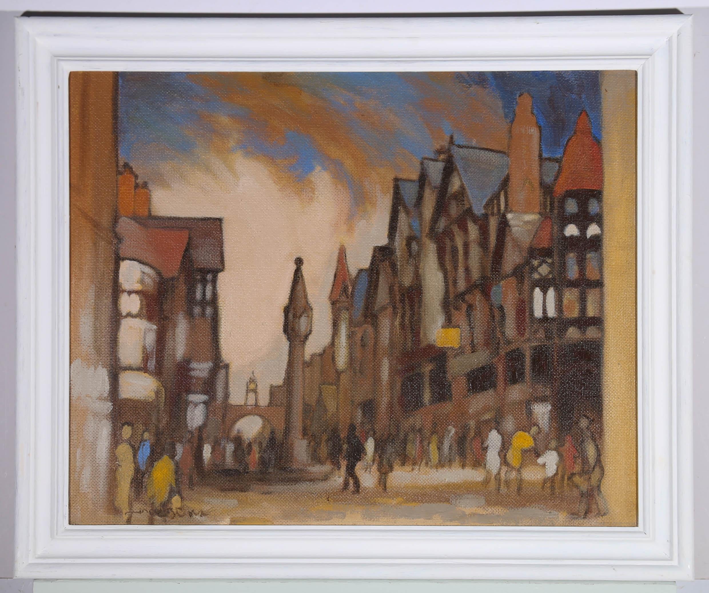 Landscape Painting di Unknown - Olio della metà del XX secolo - Strada movimentata