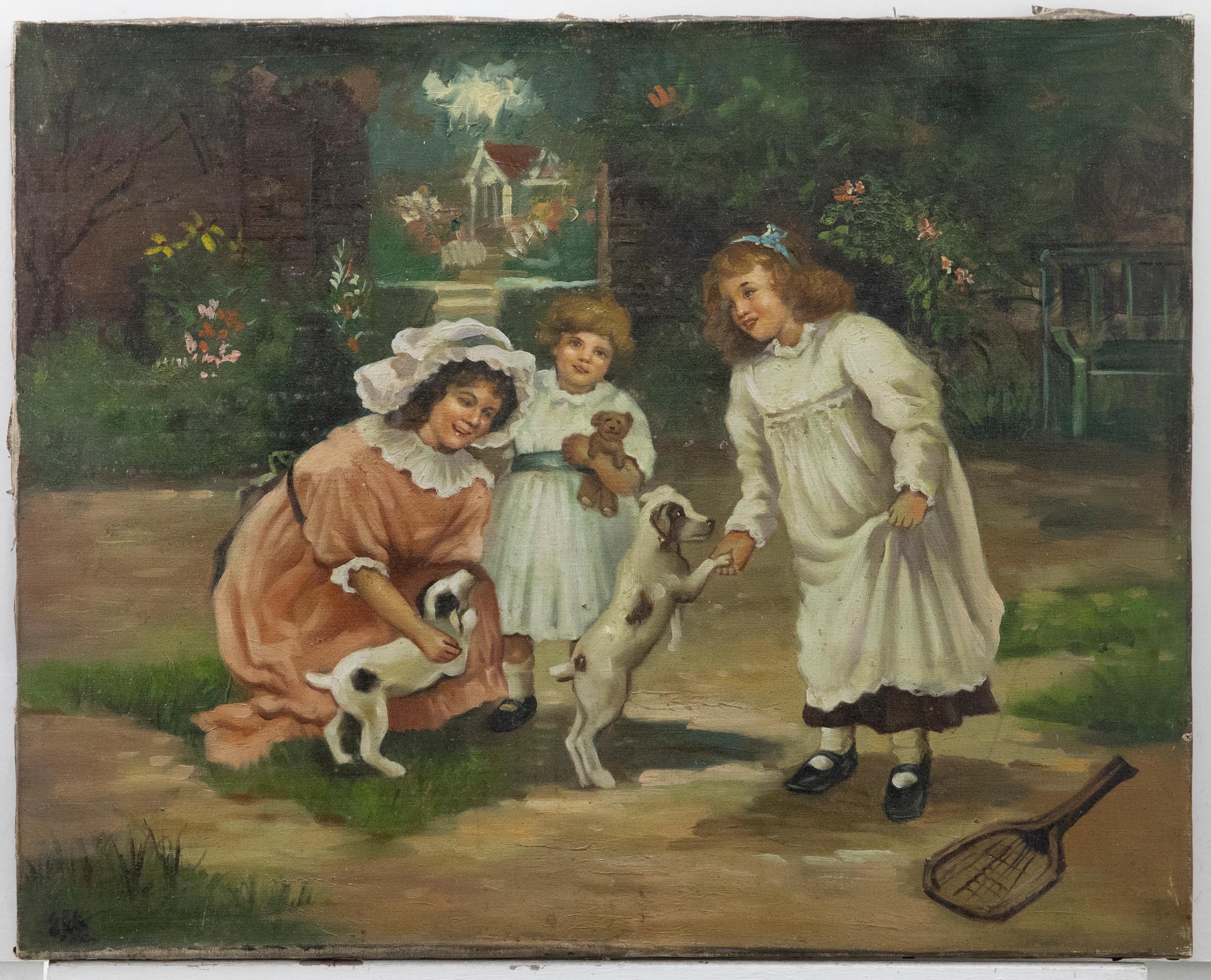 Mid 20th Century Oil - Children with Puppies - Painting by Unknown