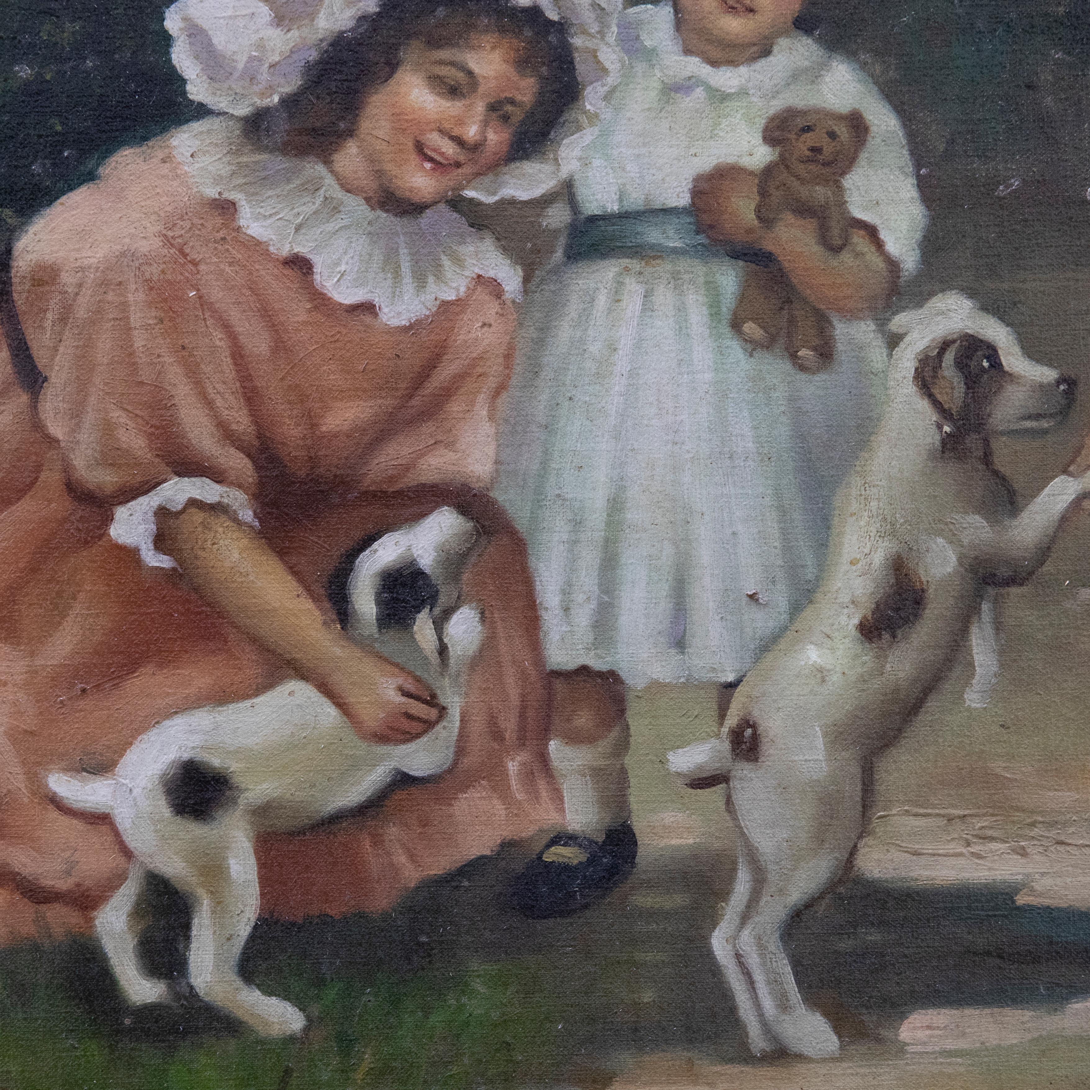 Mid 20th Century Oil - Children with Puppies For Sale 1