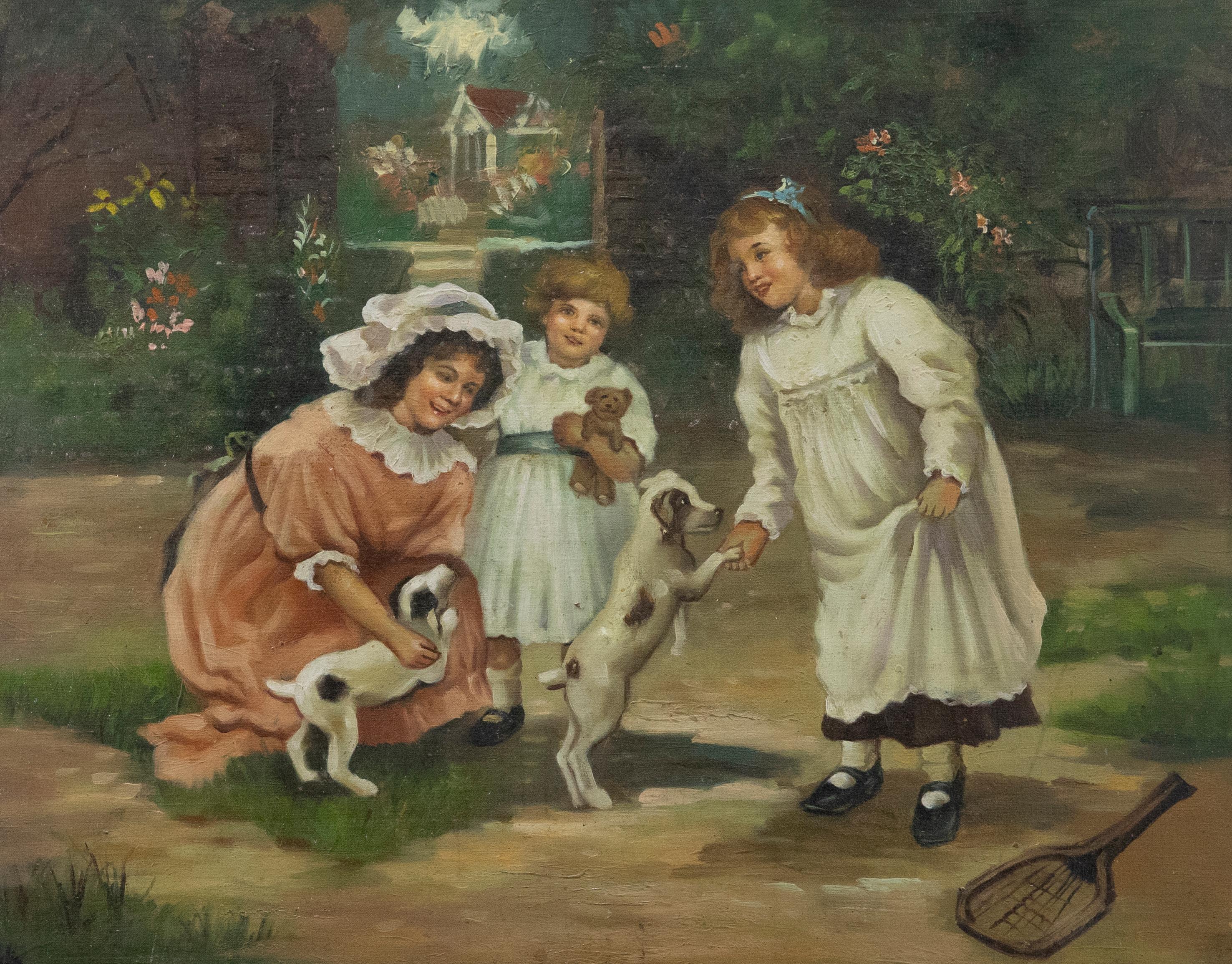 Unknown Figurative Painting - Mid 20th Century Oil - Children with Puppies