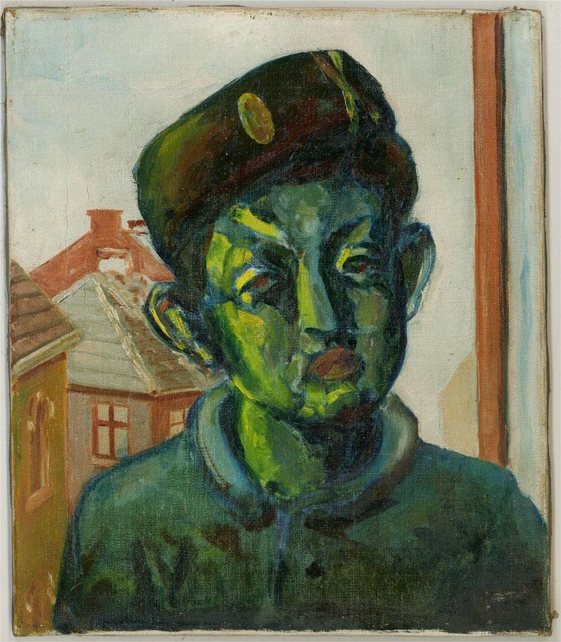 Mid 20th Century Oil - Chinese School Boy In Green - Painting by Unknown