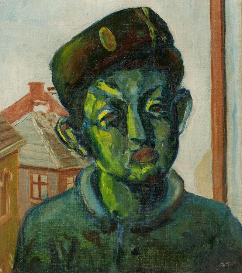 Mid 20th Century Oil - Chinese School Boy In Green - Black Portrait Painting by Unknown