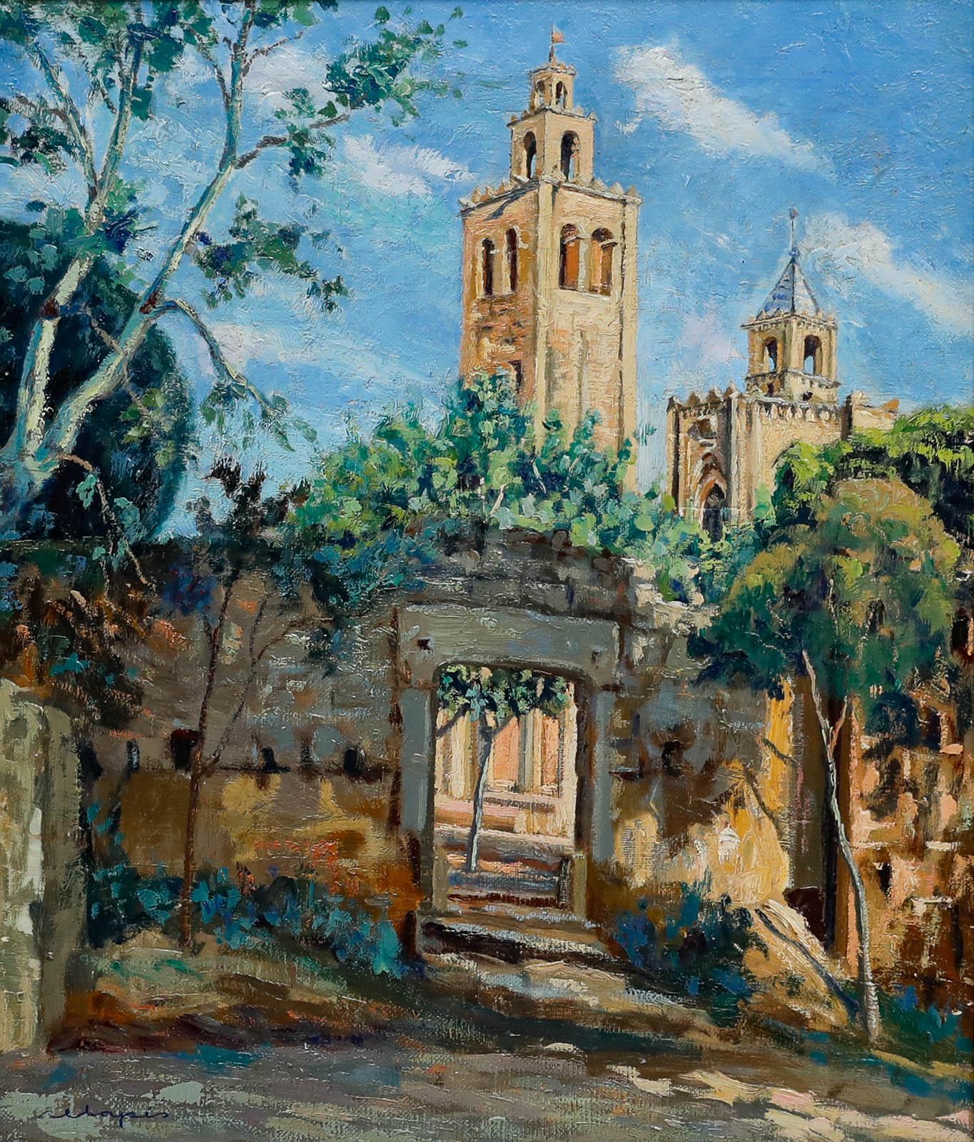 Mid 20th Century Oil - Church in The Sunlight - Painting by Unknown