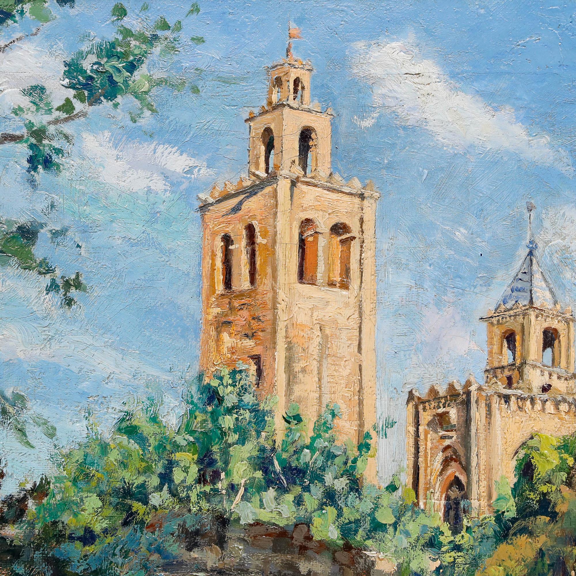 This painting depicts a picturesque French village scene featuring a church with a prominent bell tower and arched gateway framed by vegetation. The artist employs warm earth tones and dappled sunlight to create an atmospheric composition that