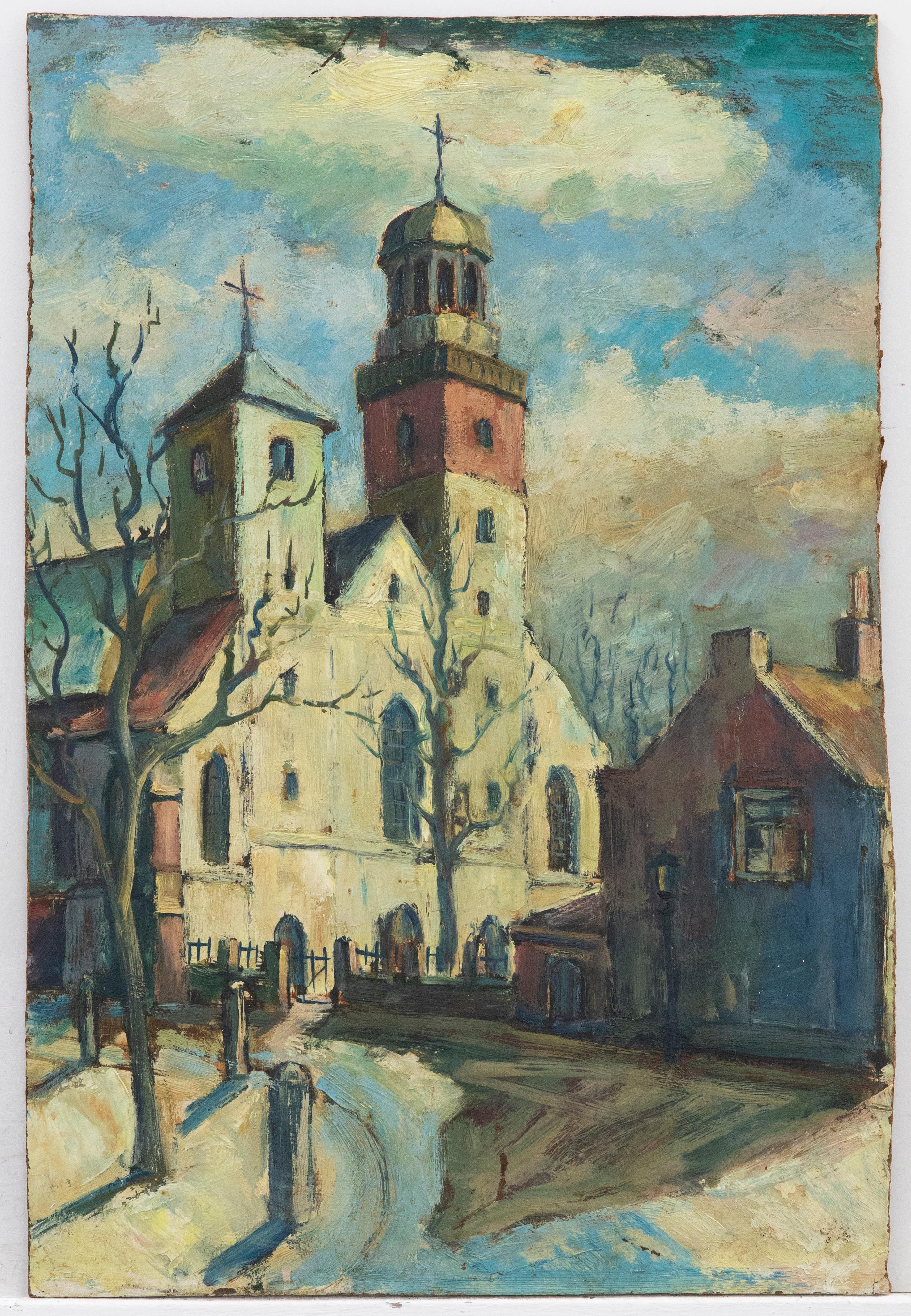 Mid 20th Century Oil - Church in the Winter Sun - Painting by Unknown