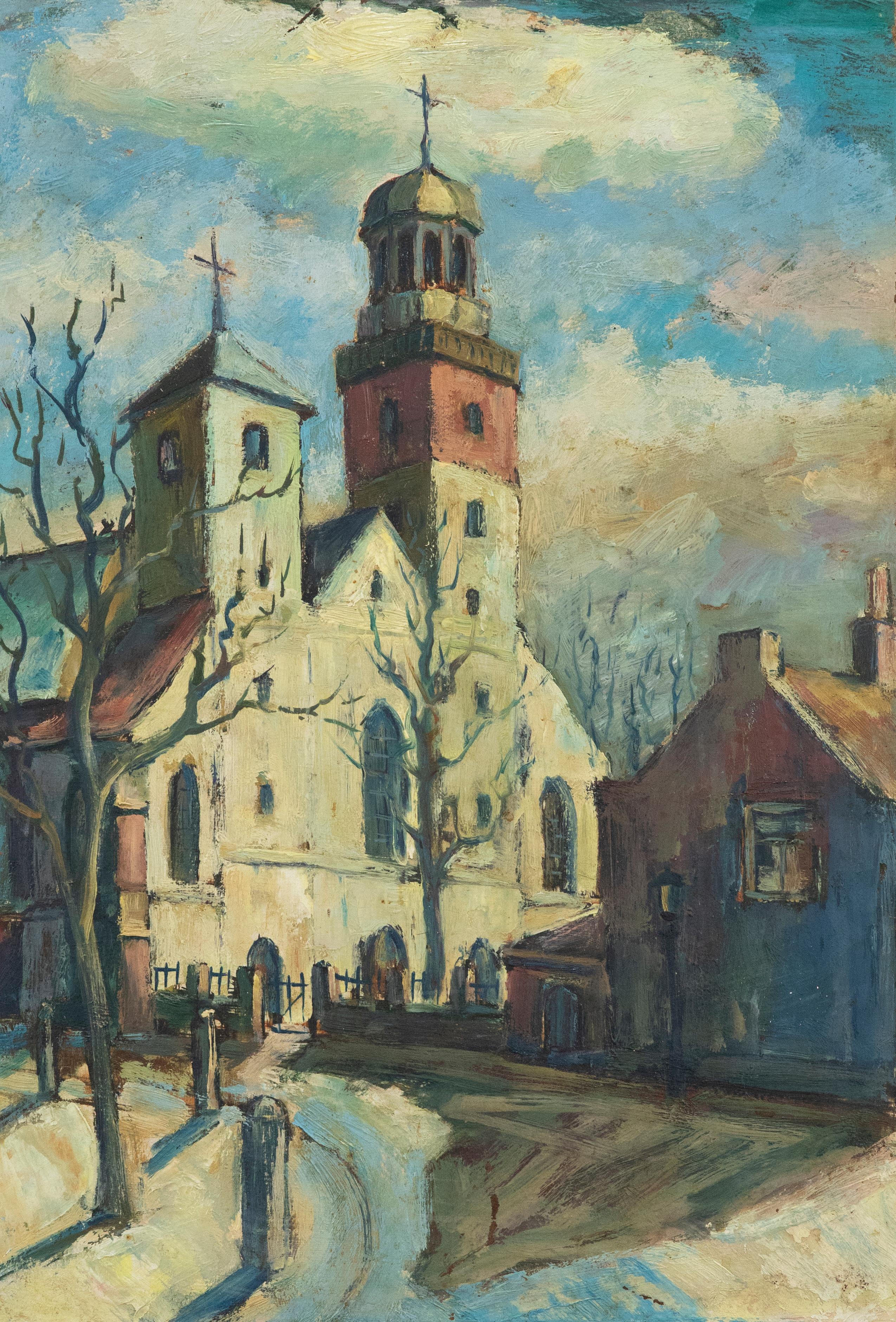 Landscape Painting di Unknown - Olio della metà del XX secolo - Chiesa al sole d'inverno