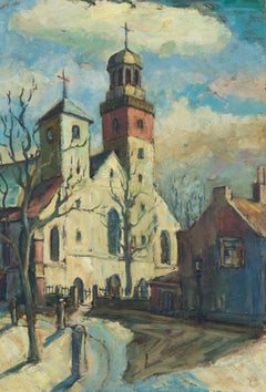 Vintage Mid 20th Century Oil - Church in the Winter Sun