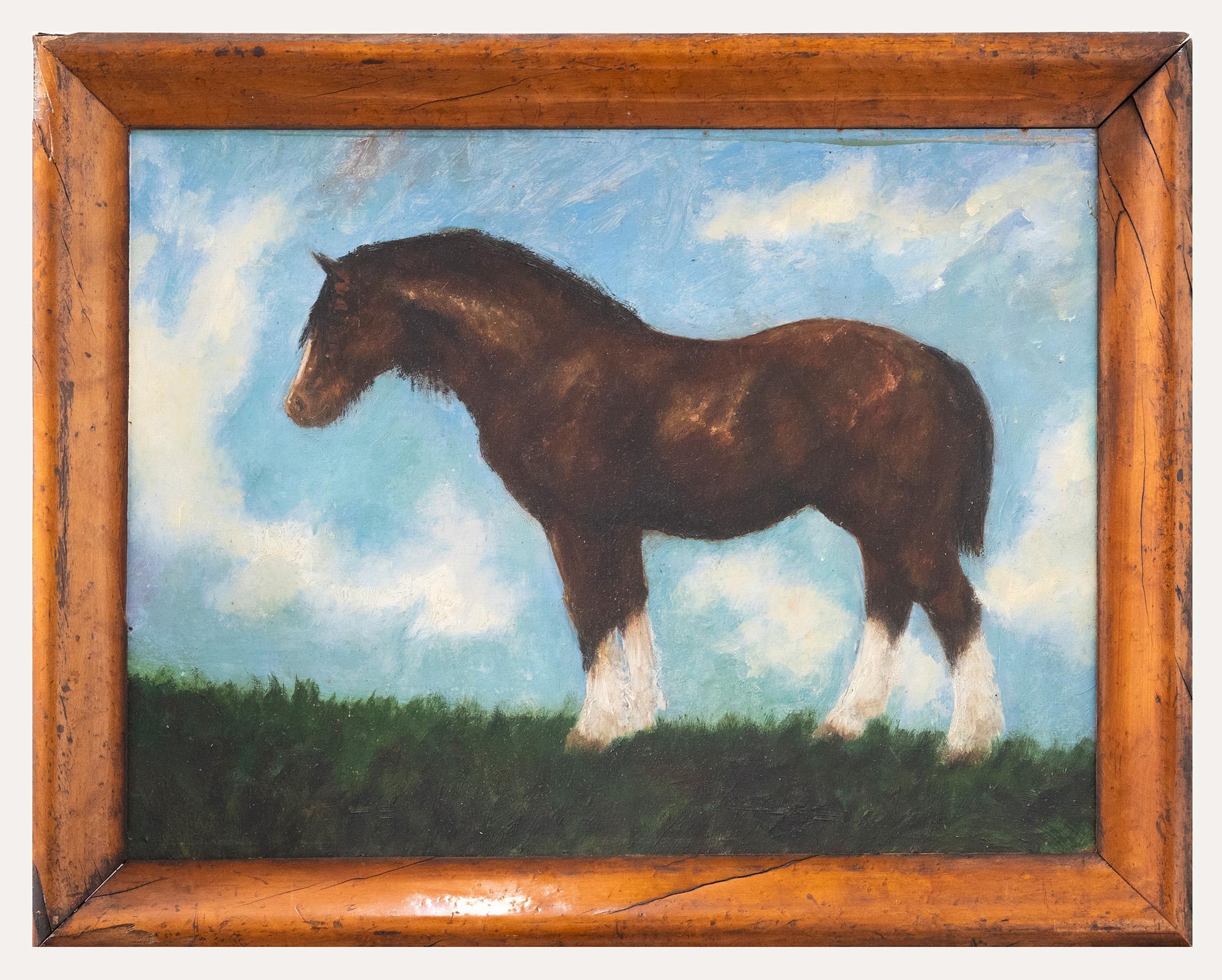 Unknown Animal Painting – Öl aus der Mitte des 20. Jahrhunderts - Cob in a Landscape