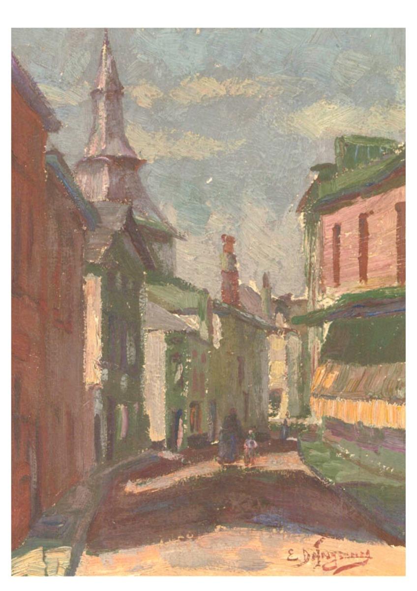 A wonderful street scene study depicting a winding continental road with a distant tower. Two figures stroll away from the viewer and disappear into the shadows at the far end of the road. There are areas of impasto and expressive brushwork.