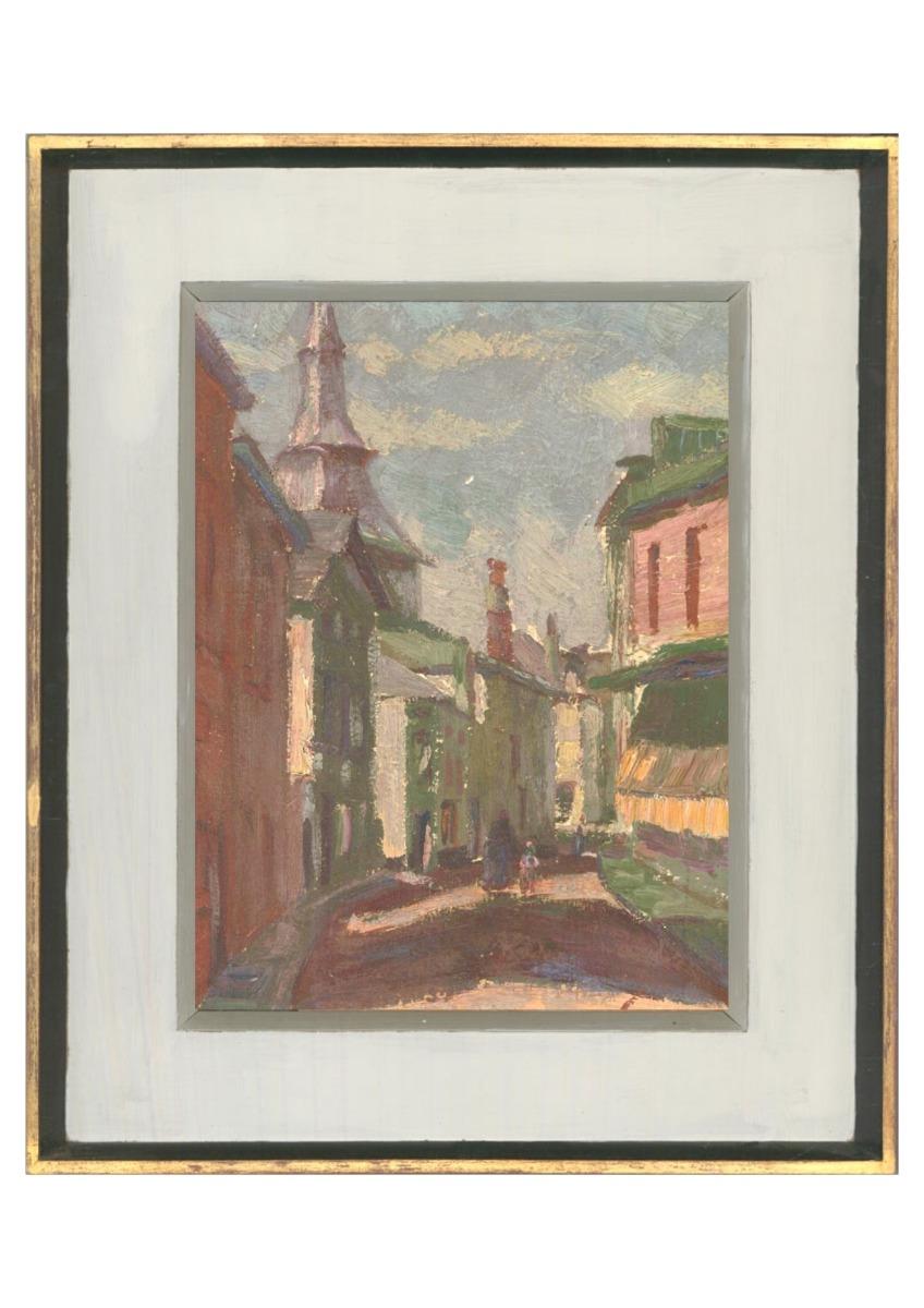 Landscape Painting di Unknown - Olio della metà del XX secolo - Scena di strada continentale