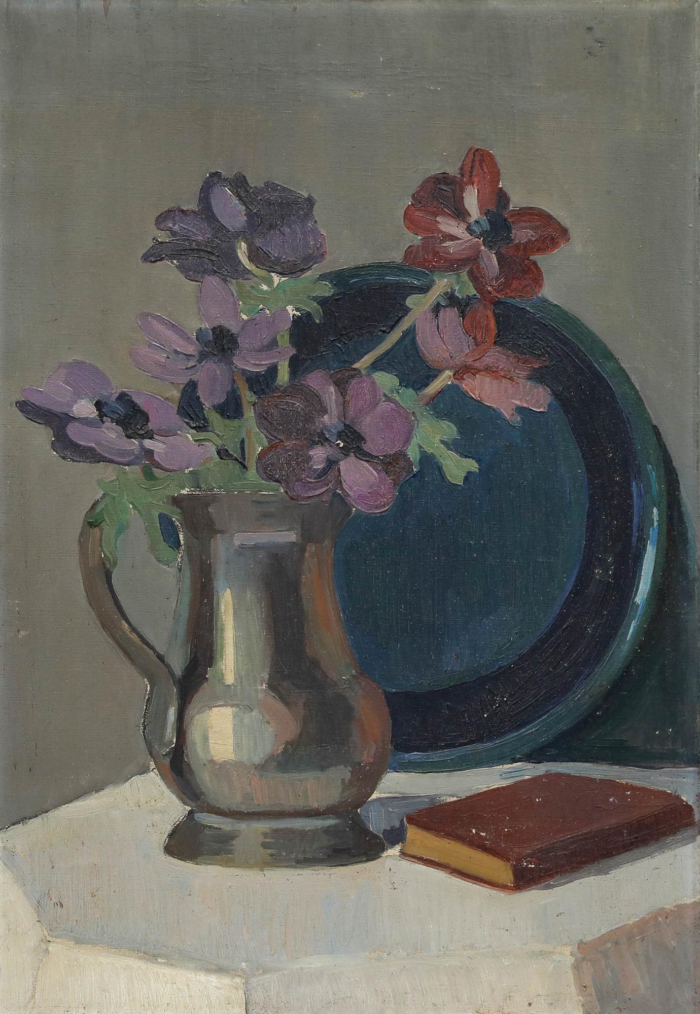 Mid 20th Century Oil - Cosmos in a Silver Teapot - Painting by Unknown