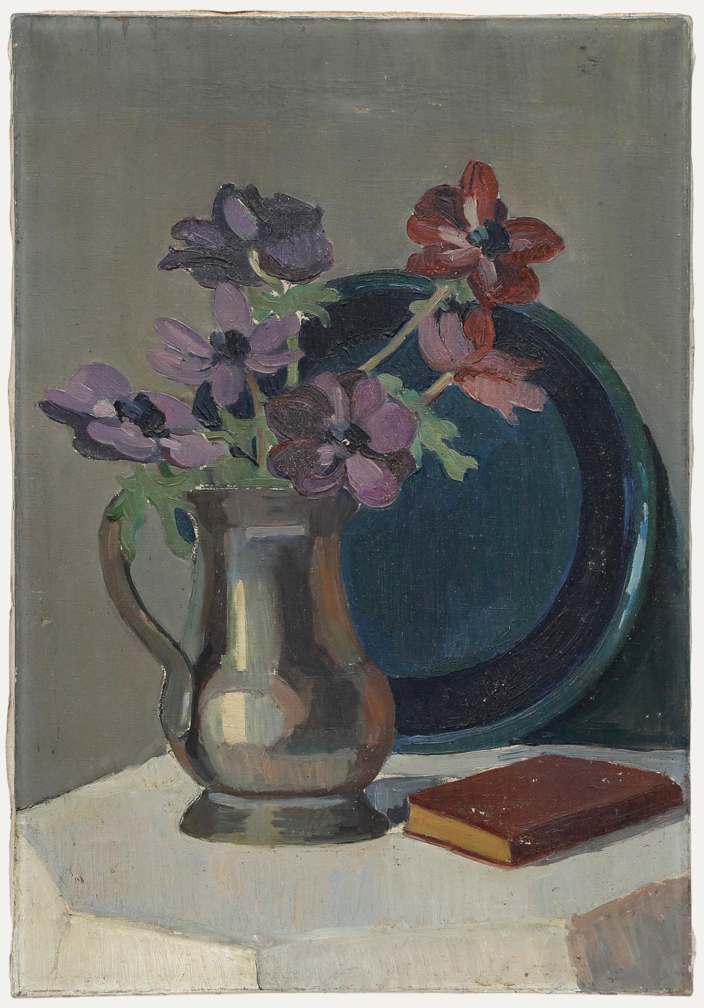 Unknown Still-Life Painting - Mid 20th Century Oil - Cosmos in a Silver Teapot
