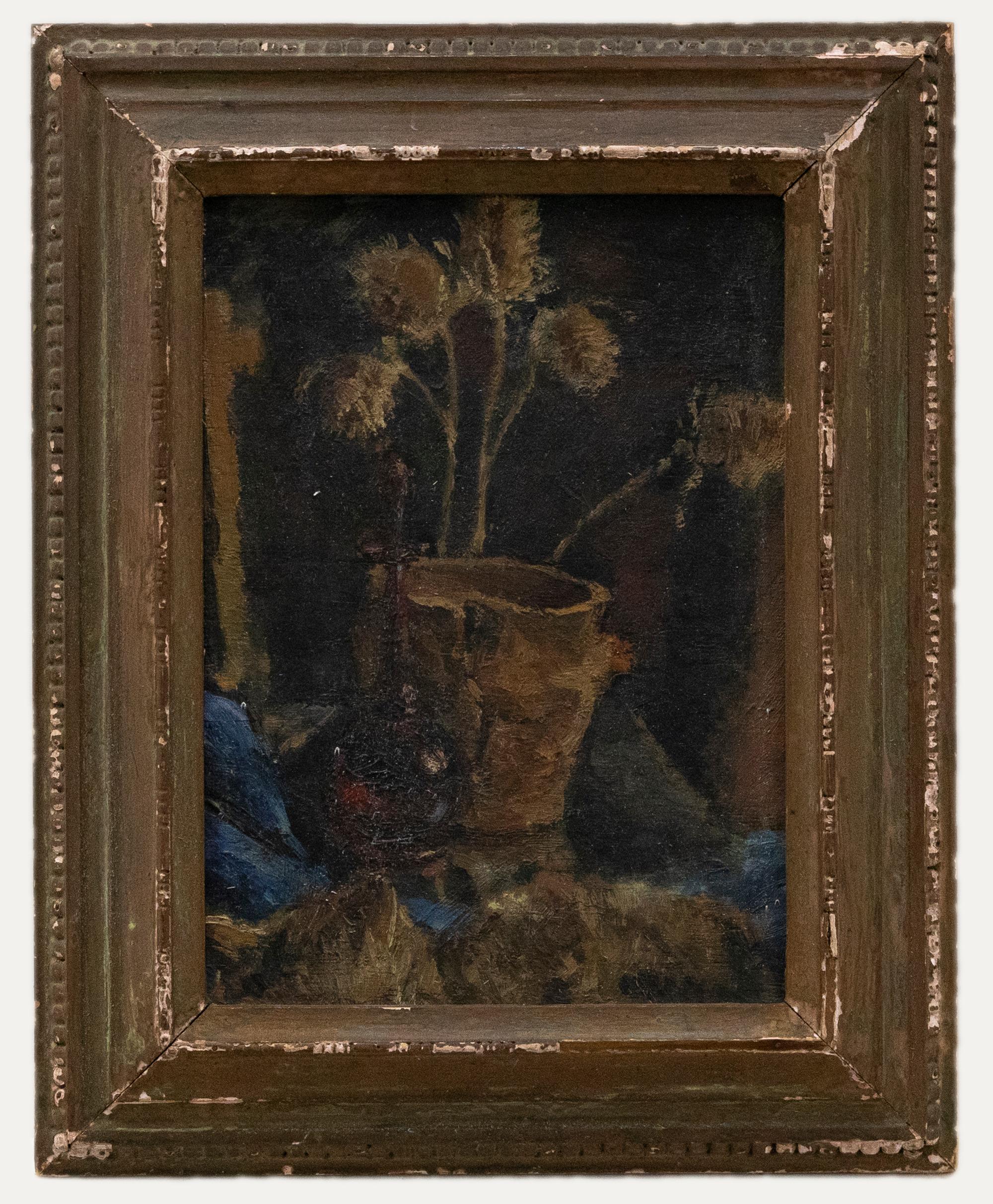 Unknown Still-Life Painting - Mid 20th Century Oil - Dried Flowers