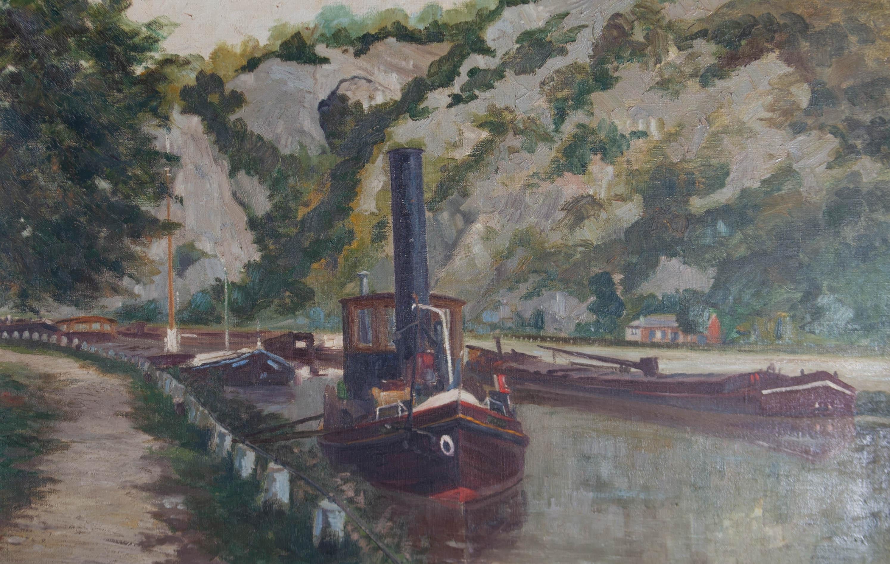 Mid 20th Century Oil - Dutch Canal Boats - Painting by Unknown