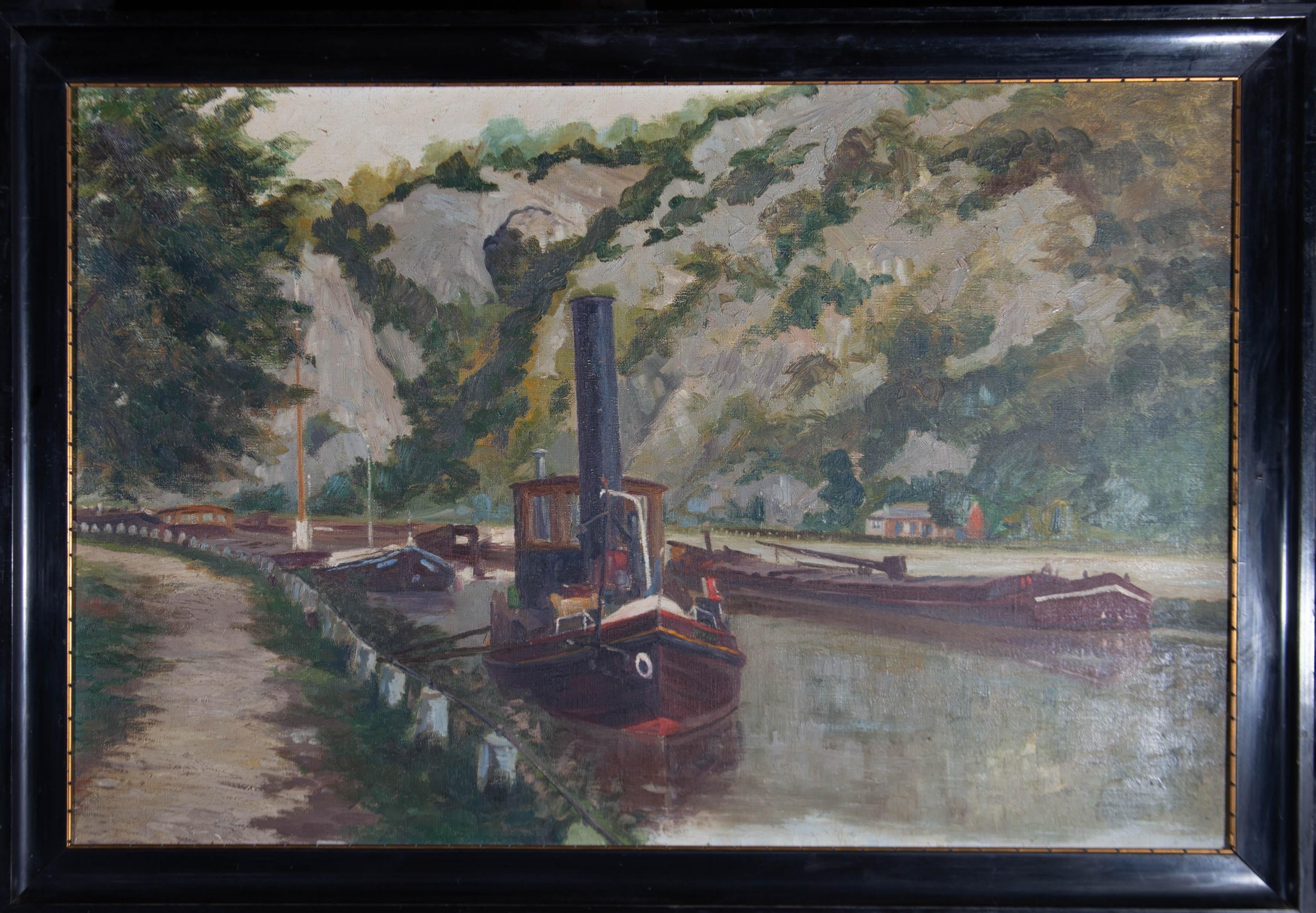 Unknown Landscape Painting - Mid 20th Century Oil - Dutch Canal Boats