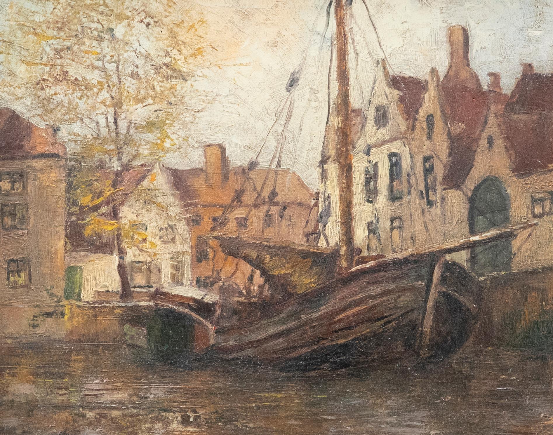 Mid 20th Century Oil - Dutch Canal Scene - Painting by Unknown