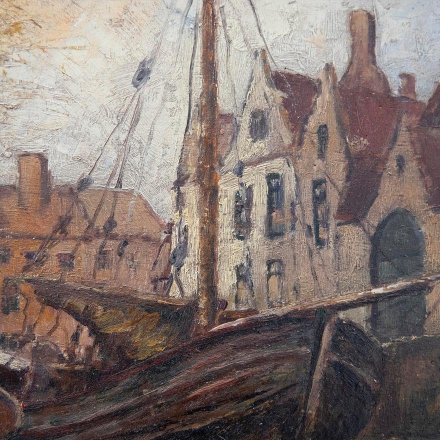 Mid 20th Century Oil - Dutch Canal Scene For Sale 1