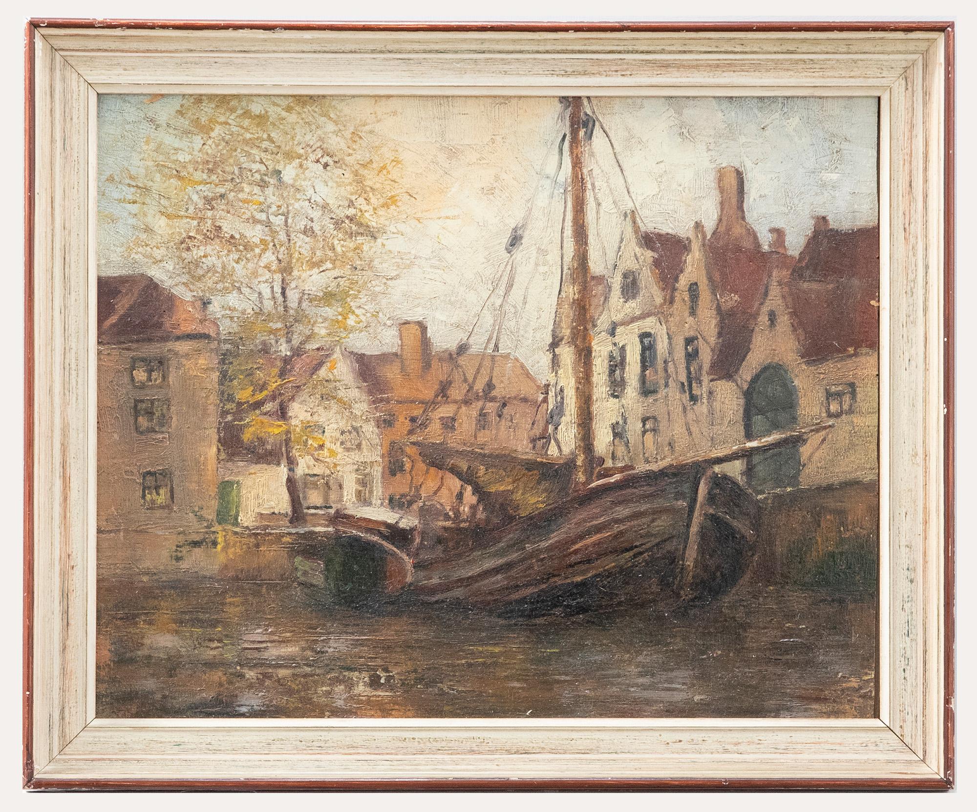 Unknown Landscape Painting - Mid 20th Century Oil - Dutch Canal Scene