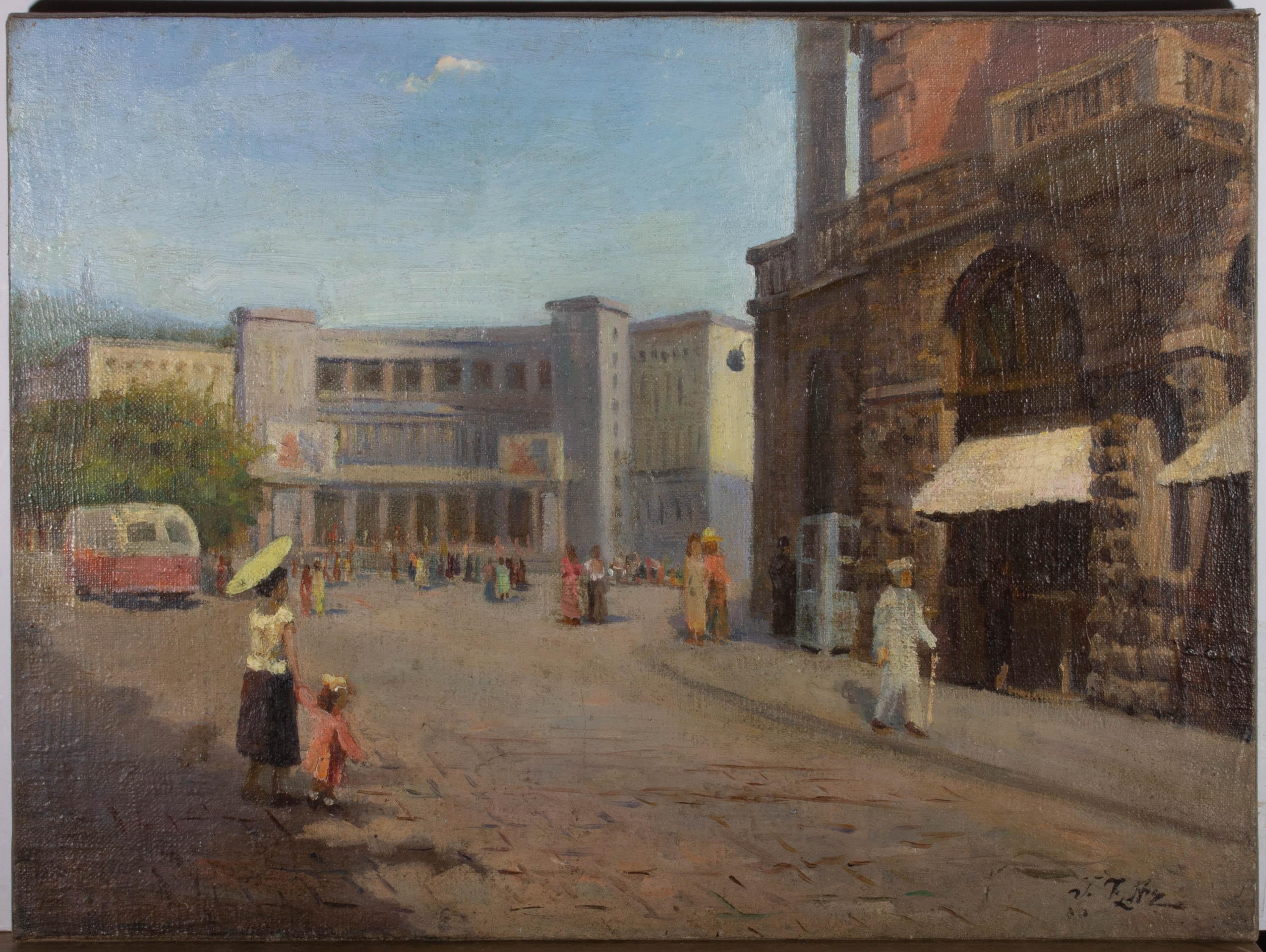 Mid 20th Century Oil - European Street Scene - Painting by Unknown