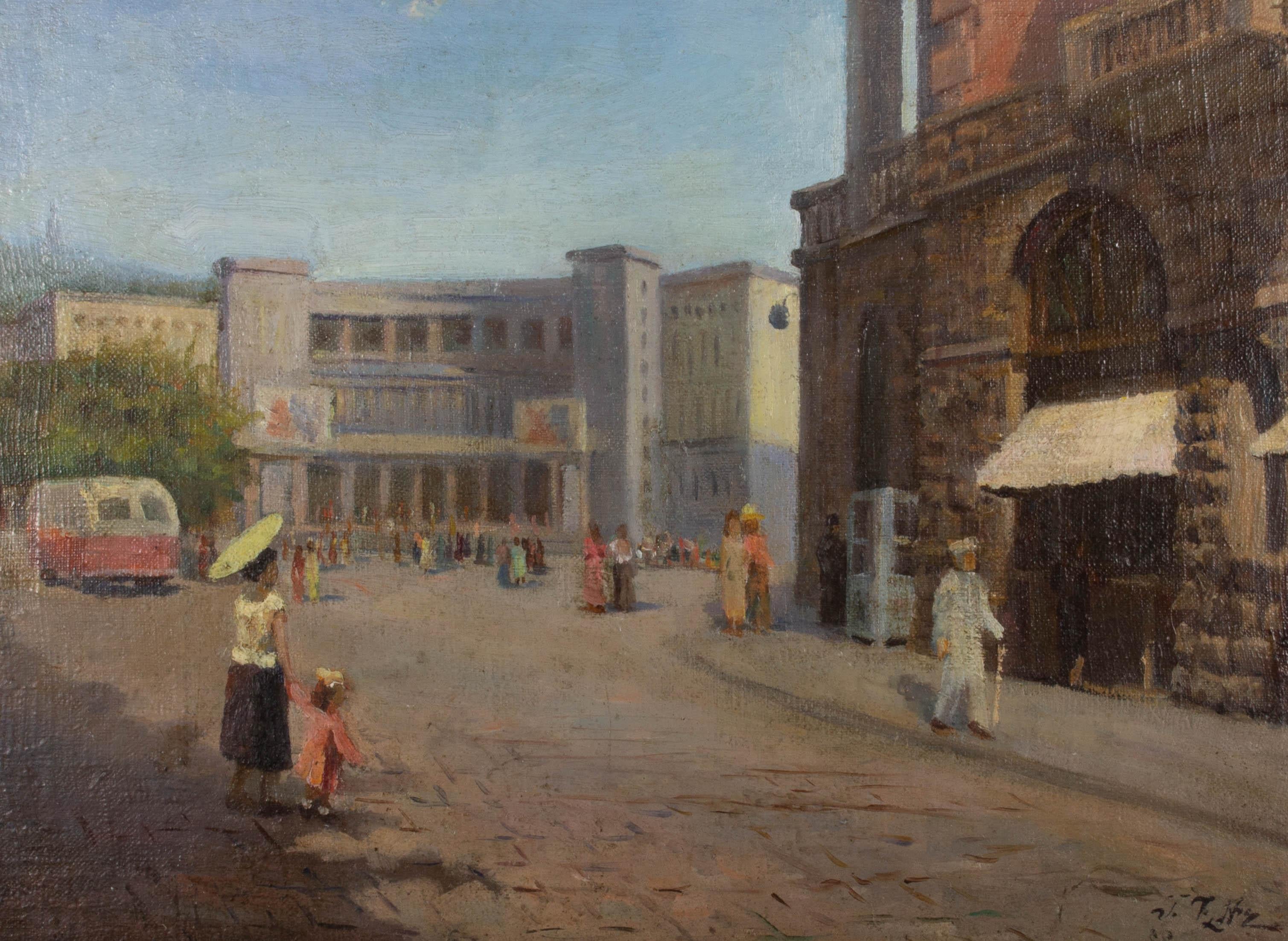 Unknown Landscape Painting - Mid 20th Century Oil - European Street Scene