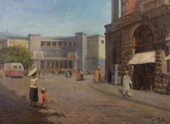 Huile du milieu du XXe siècle - Scène de rue européenne