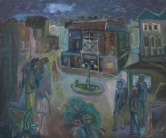Mitte 20. Jahrhundert Öl - Abendliche Straßenszene