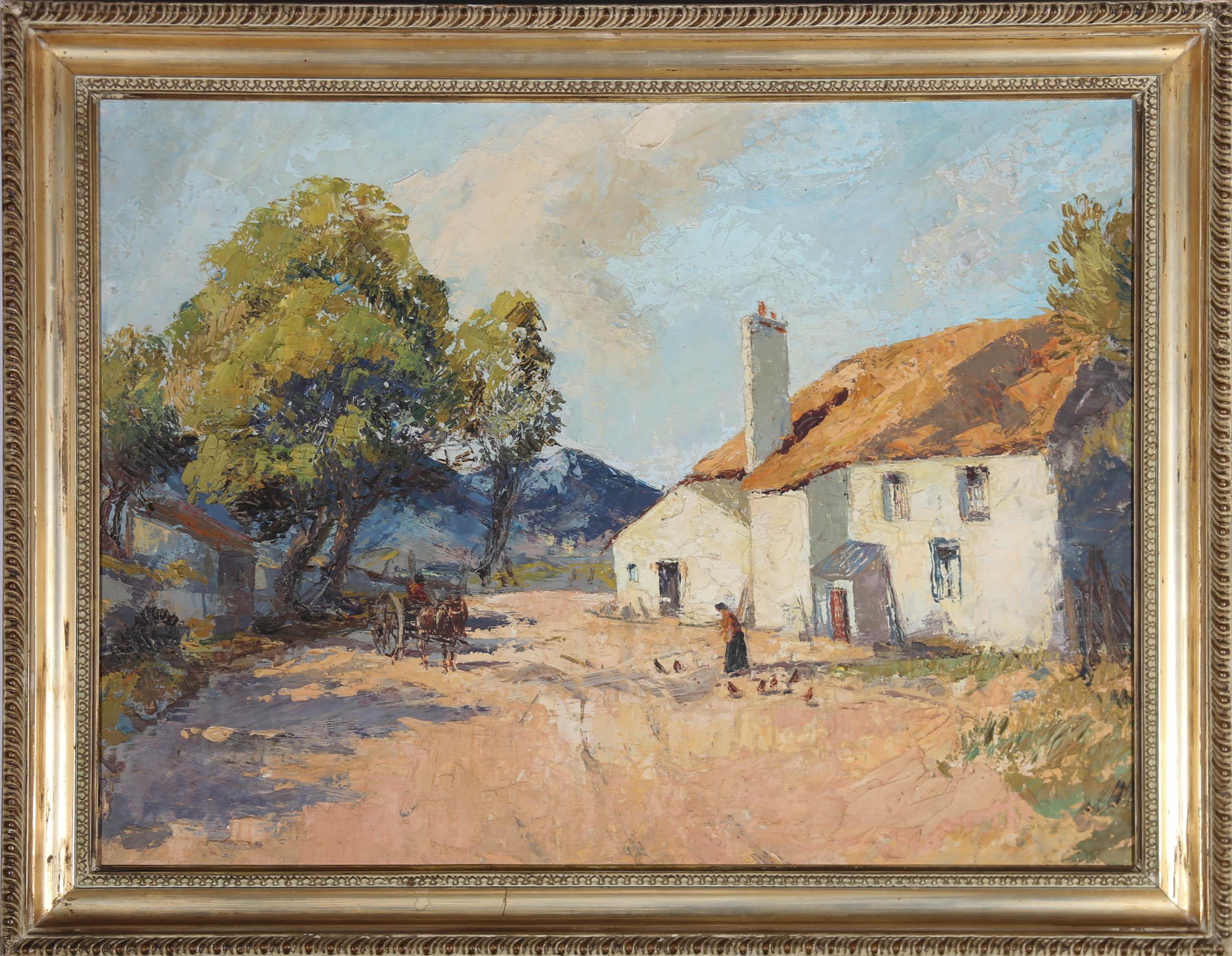 Unknown Landscape Painting - Mid 20th Century Oil - Feeding the Chickens
