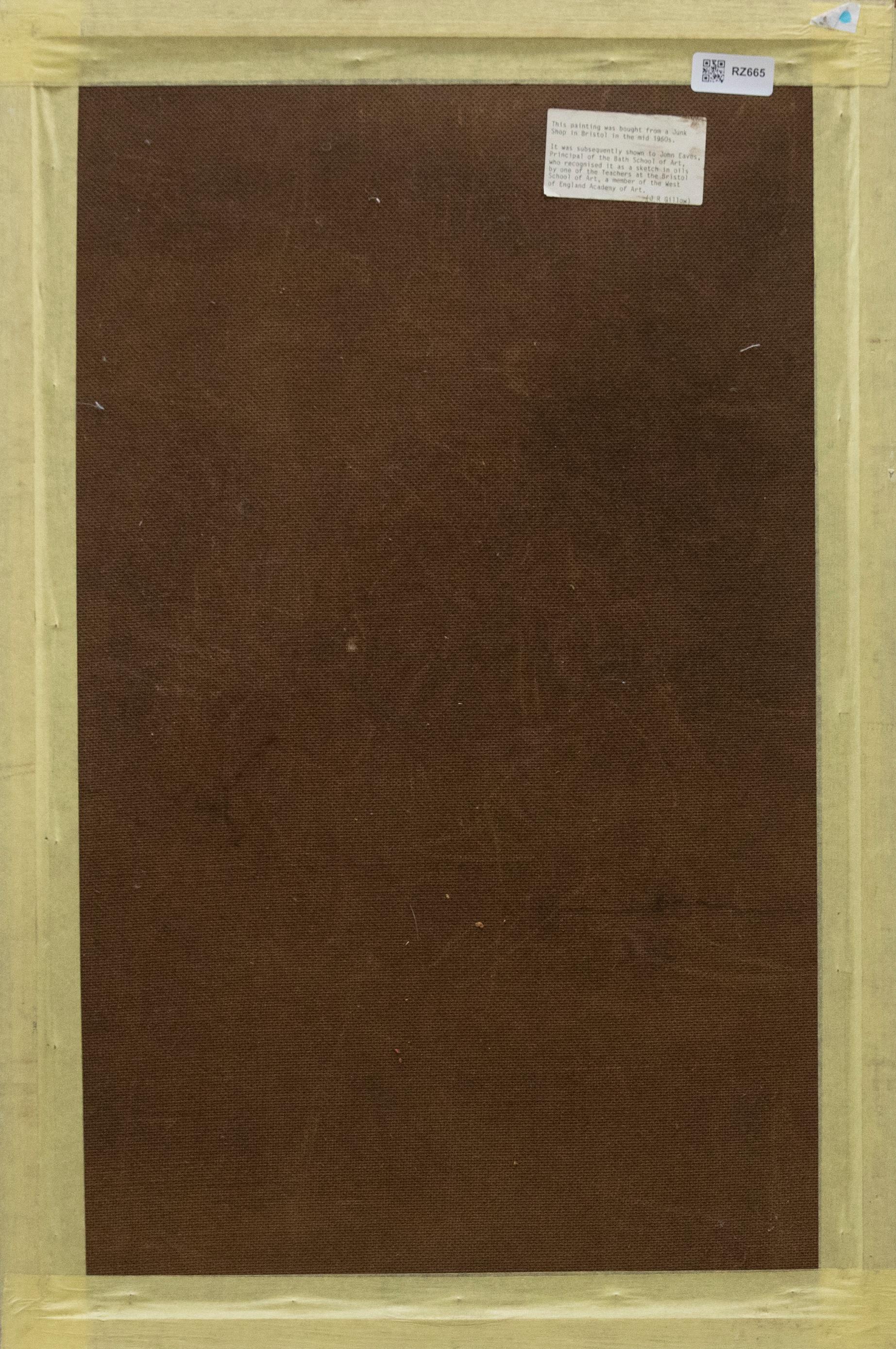 A charming mid century oil full length life study of a nude female model. She poses in a darkened interior looking to the corner of the room. The label verso suggests that the artist taught at Bristol School of Art and that this painting was an oil