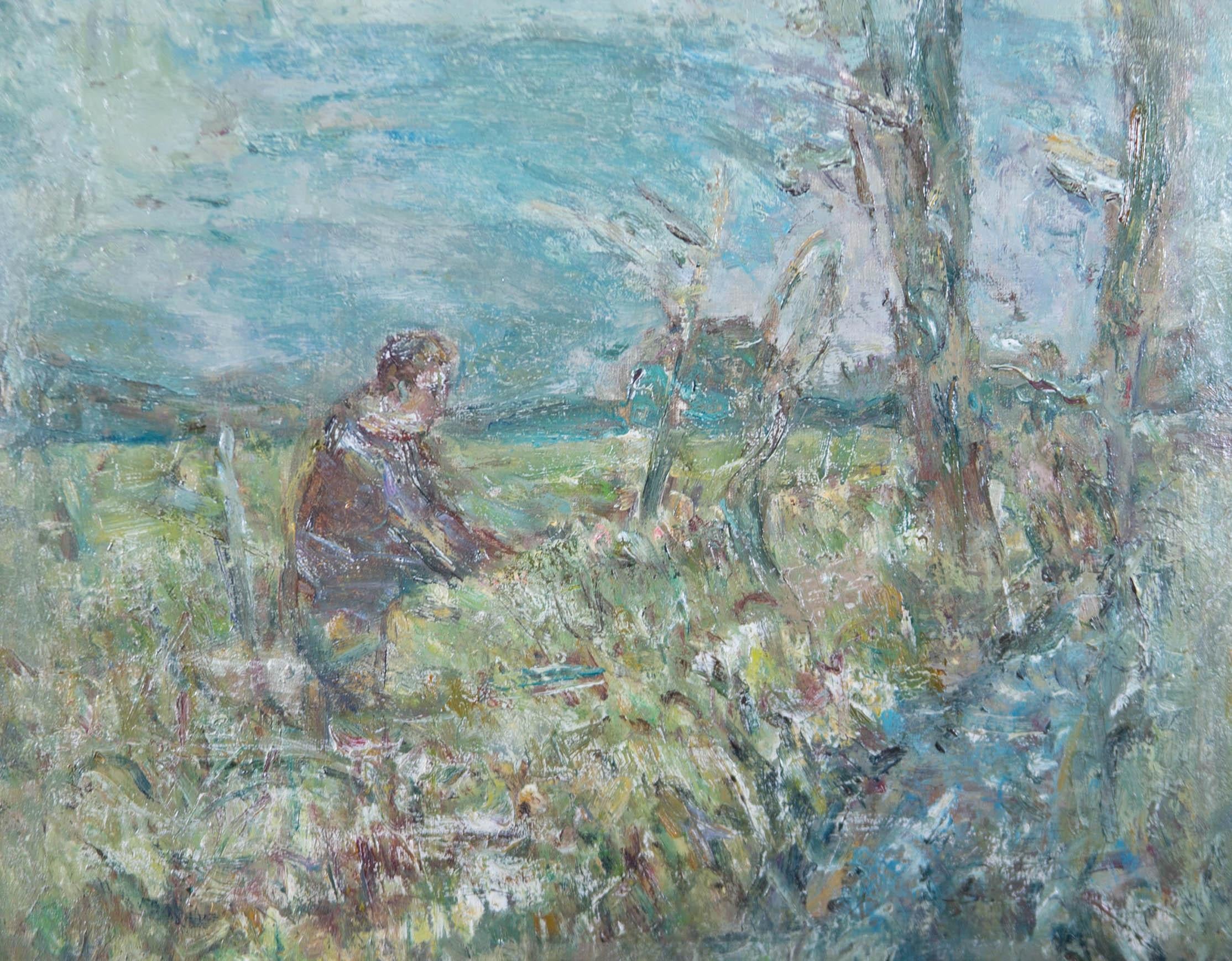 Mitte des 20. Jahrhunderts Öl-Figur in einer Landschaft – Painting von Unknown