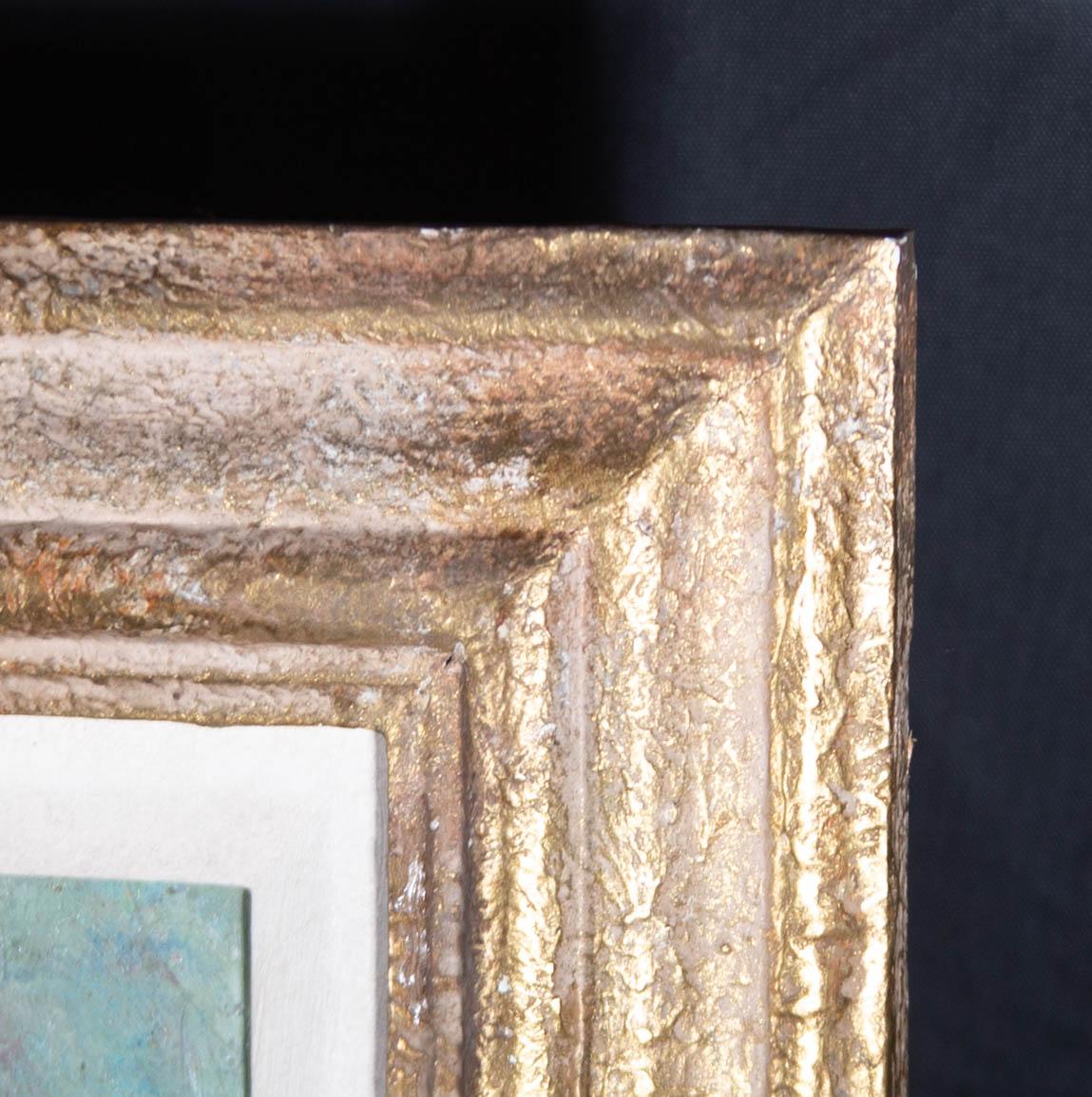 An expressive impasto painting of a figure in a landscape, possibly kneeling as he tends to some plants. Presented in a textured and distressed gilt-effect wooden frame with a white painted slip. Unsigned. On canvas board.