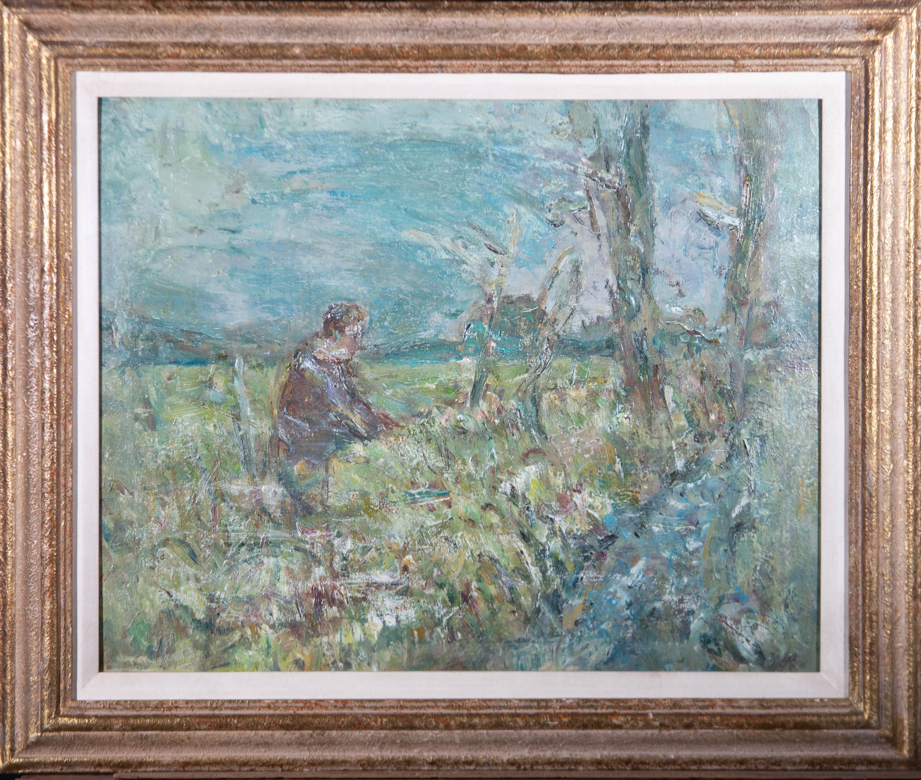 Unknown Landscape Painting - Mid 20th Century Oil - Figure in a Landscape