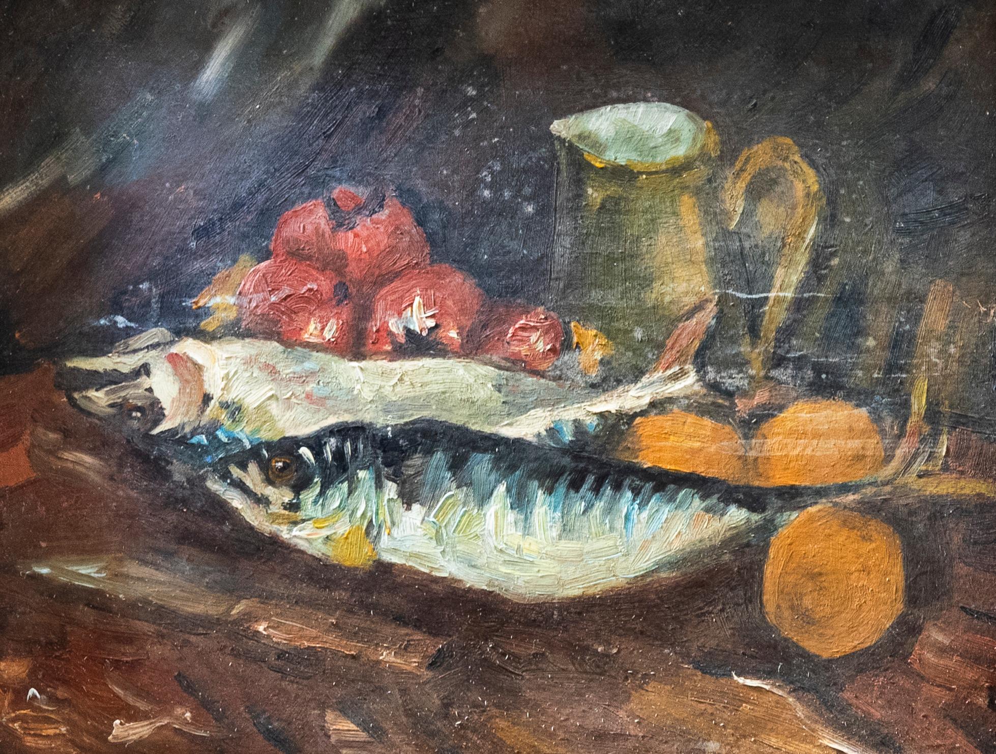 Mid 20th Century Oil - Fish and Tomatoes - Painting by Unknown