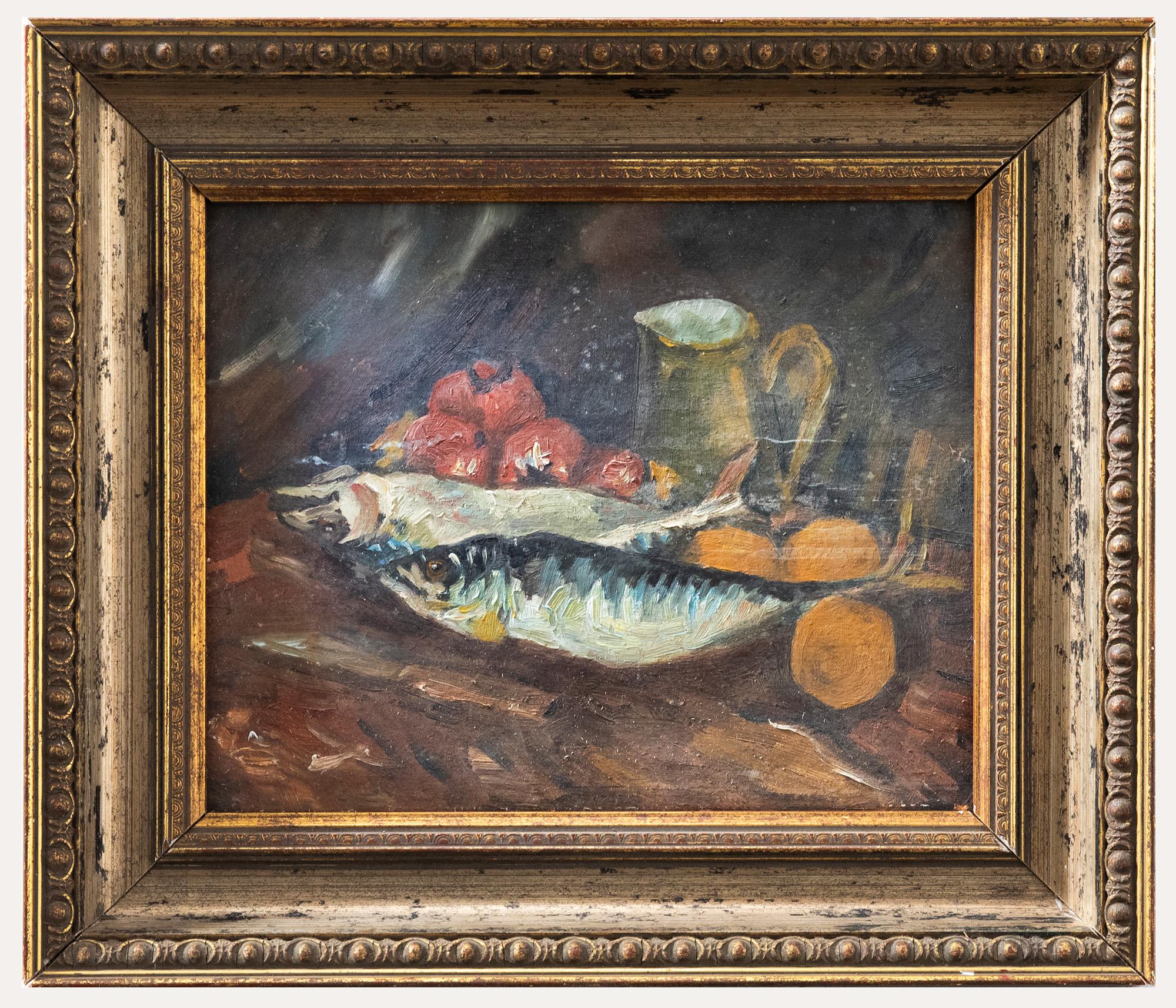 Unknown Still-Life Painting - Mid 20th Century Oil - Fish and Tomatoes