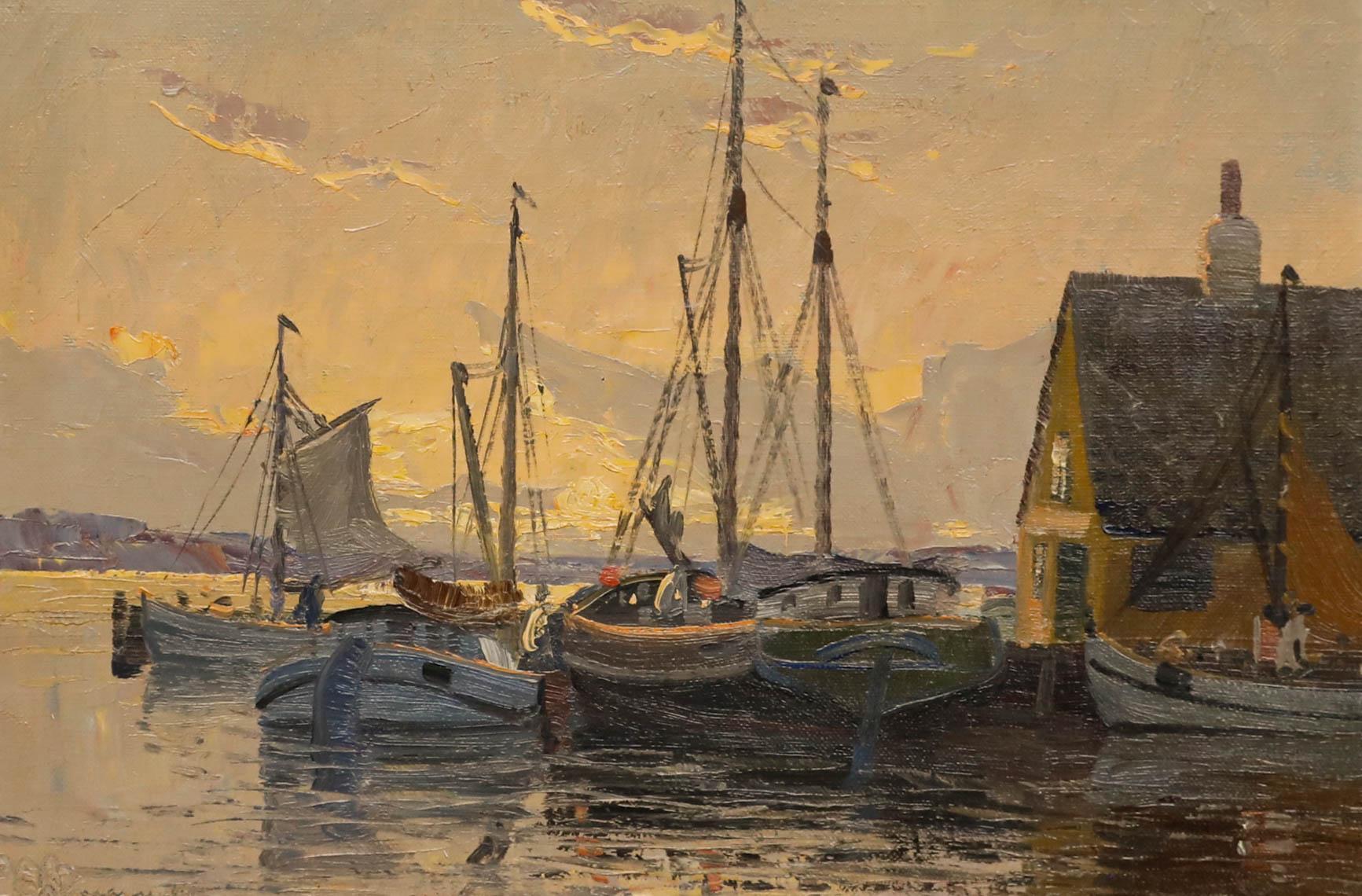 Öl aus der Mitte des 20. Jahrhunderts - Fischerboote in der Abenddämmerung – Painting von Unknown