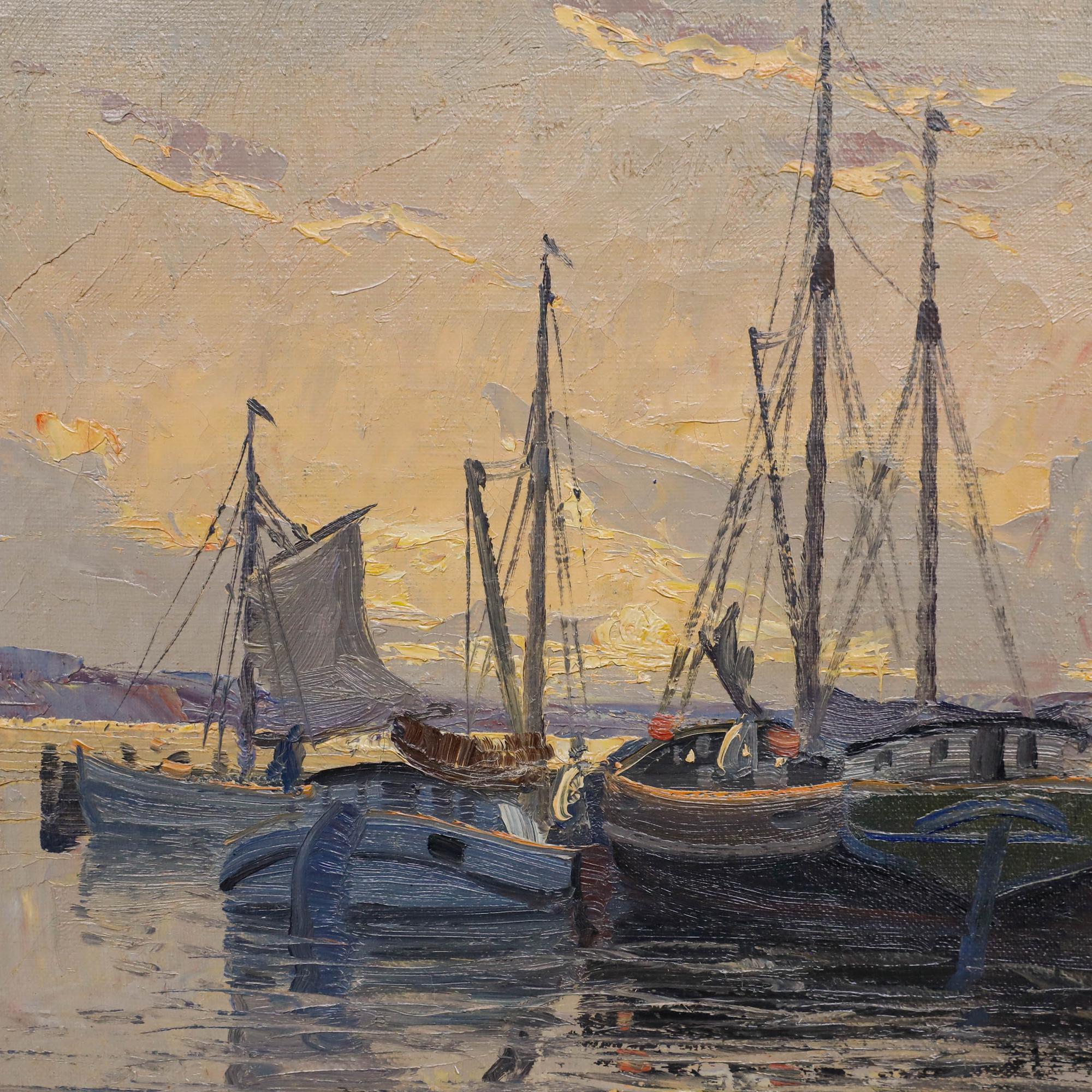 Öl aus der Mitte des 20. Jahrhunderts - Fischerboote in der Abenddämmerung (Braun), Landscape Painting, von Unknown