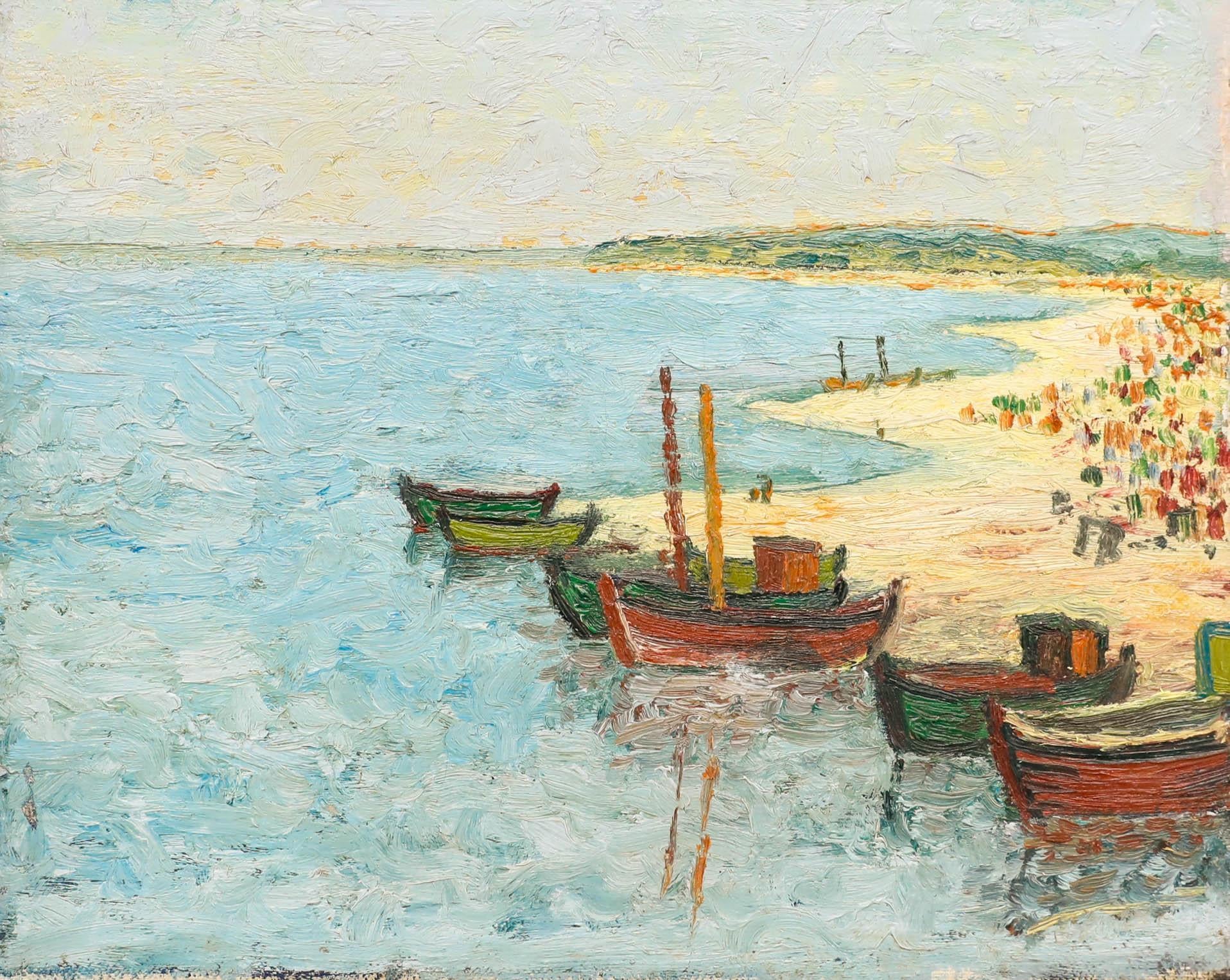 Mid 20th Century Oil - Fishing Boats on the Beach - Painting by Unknown