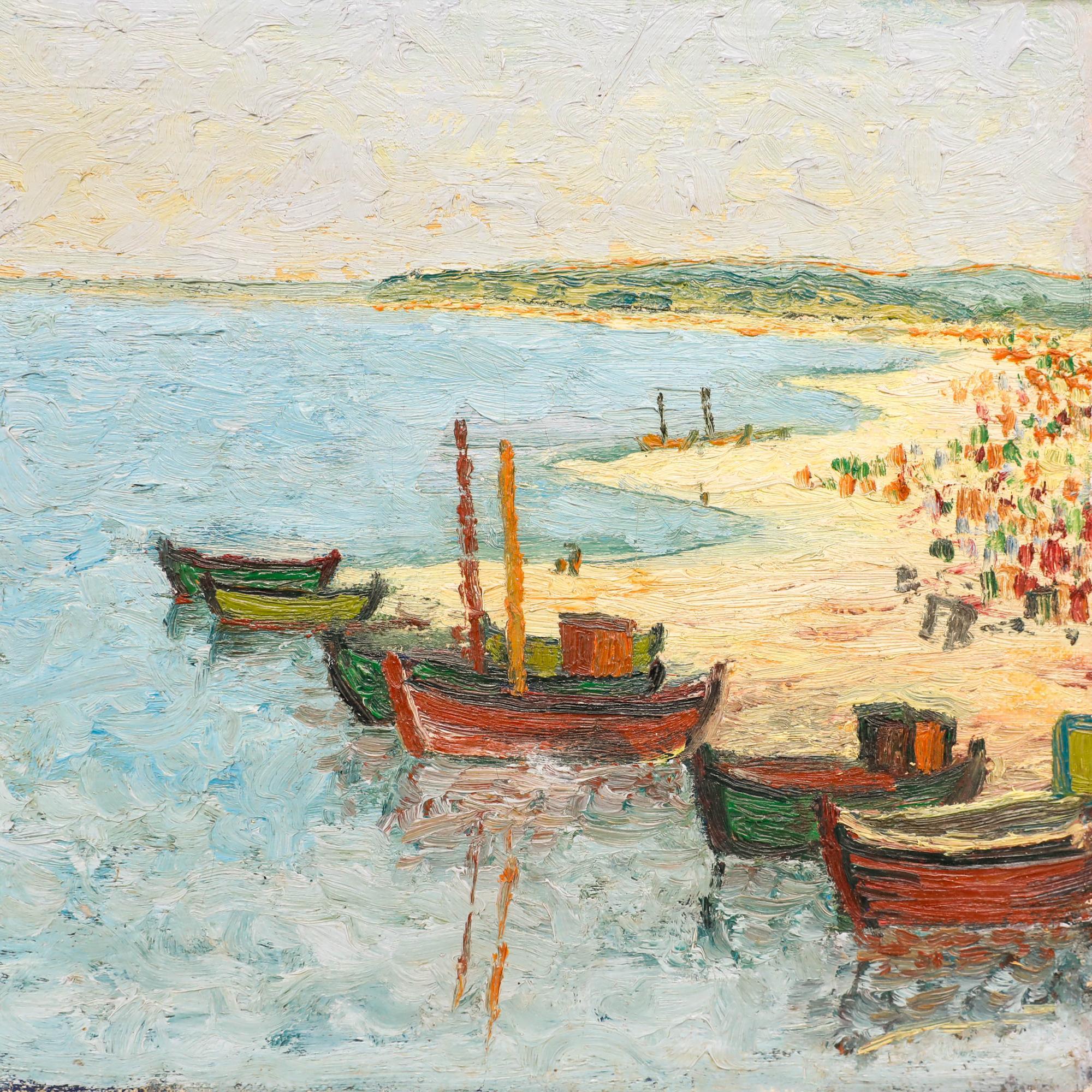 This impressionistic coastal scene depicts several small fishing boats moored in calm blue waters near a sandy shoreline, with figures gathered along the beach in the distance. The artist employs a soft, textured brushwork technique with a